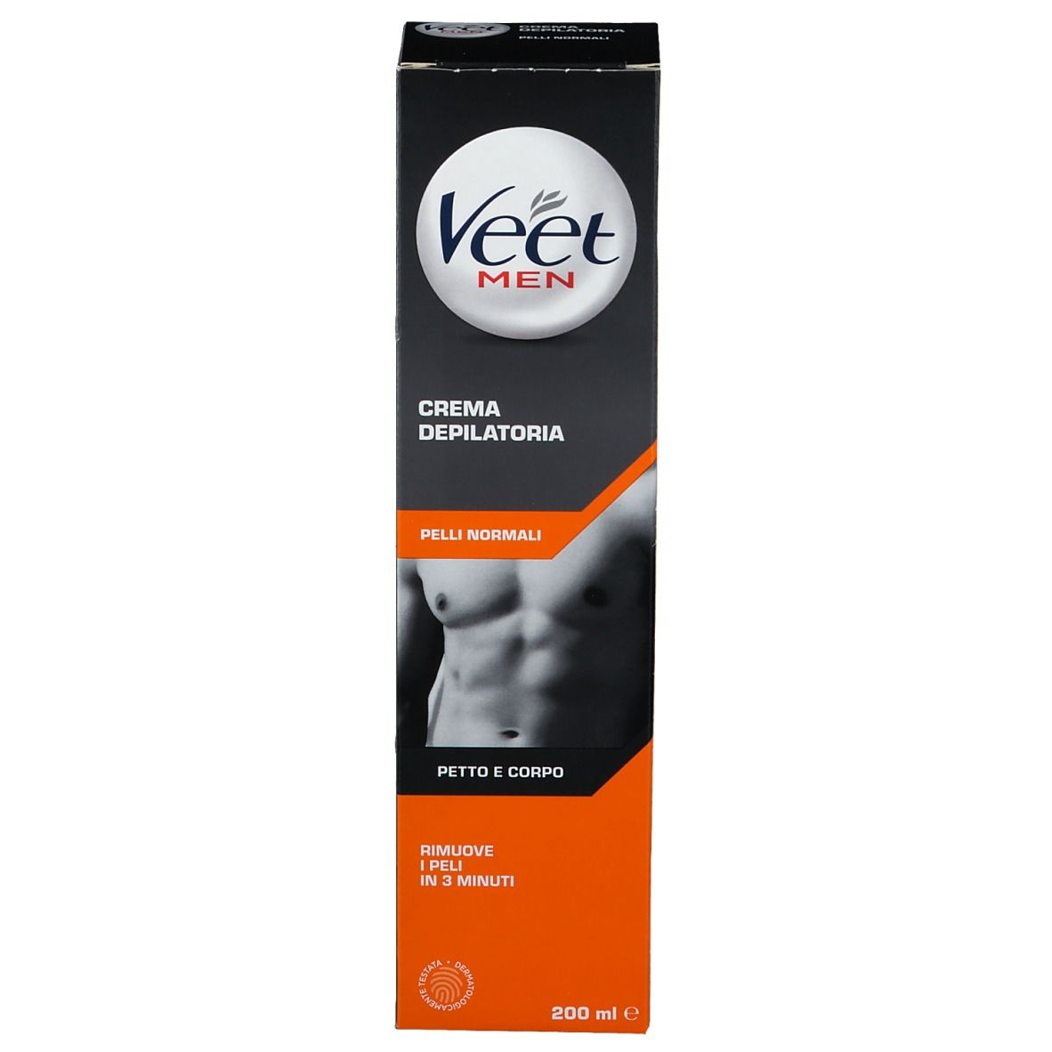 Confezione della crema depilatoria Veet Men. Scatola nera con logo bianco e banda arancione. Immagine di un uomo.