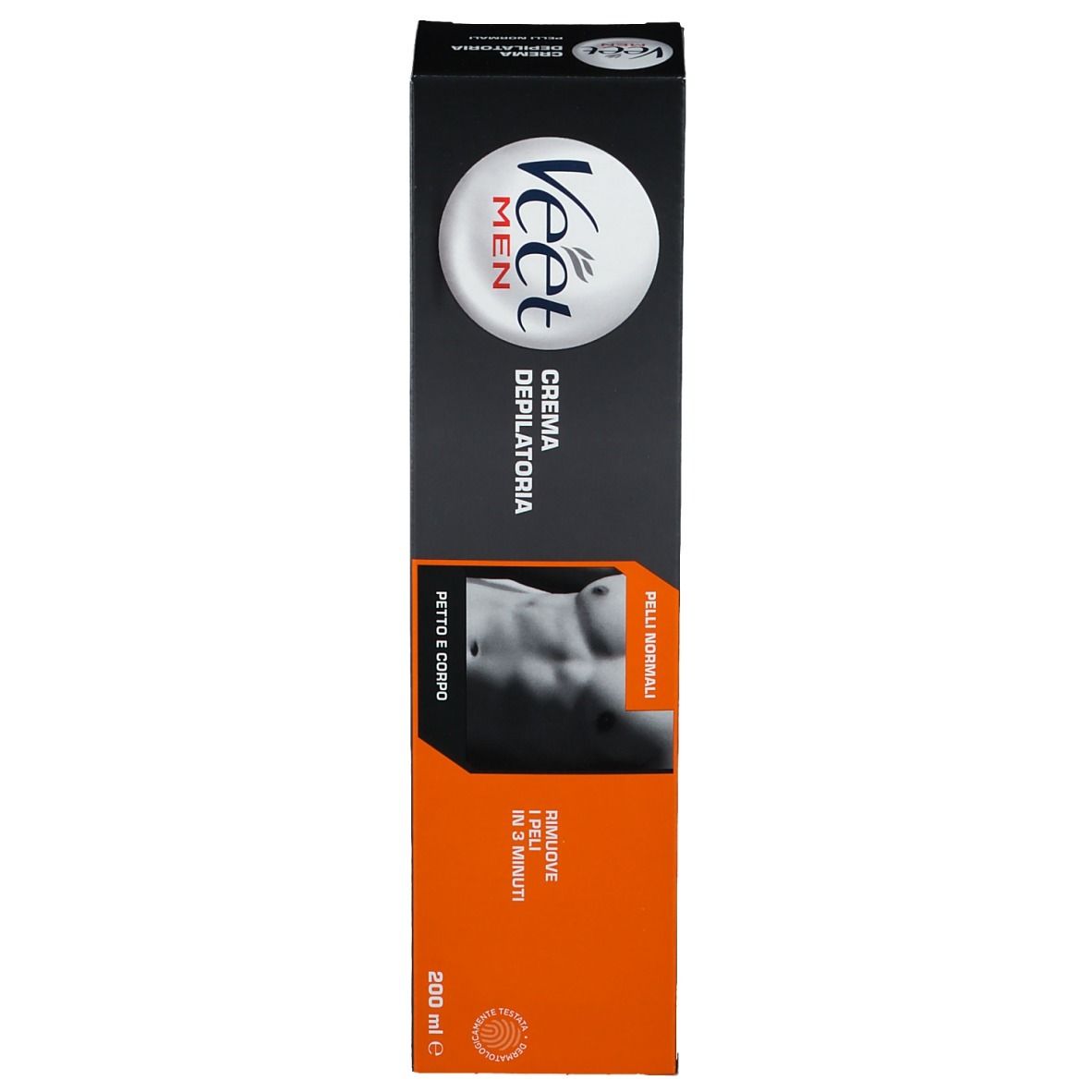 Confezione della crema depilatoria Veet Men. Scatola nera con logo bianco e banda arancione. Immagine di un uomo.
