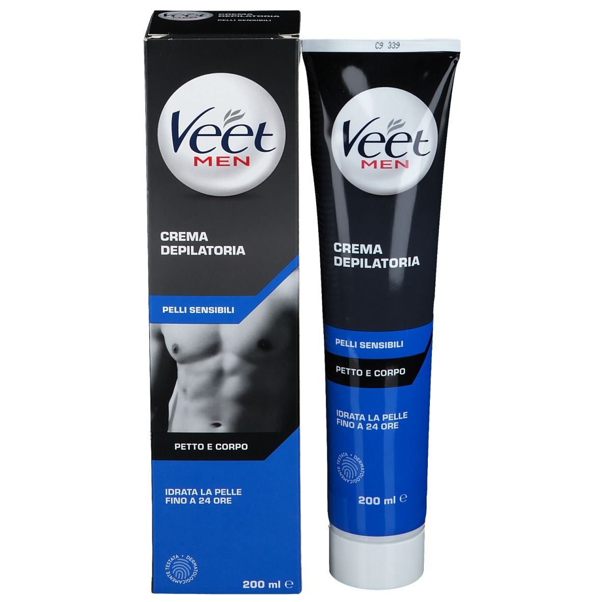 Emballage du produit avec tube. Inscription: Veet Men, Crème dépilatoire, Pelli Sensibili, Petto e Corpo. Image d'un homme.