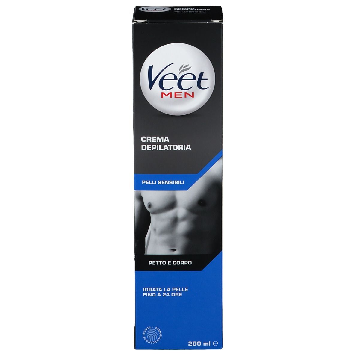 Emballage du produit. Inscription: Veet Men, Crème dépilatoire, Pelli Sensibili, Petto e Corpo. Image d'un homme. Couleurs bleues et noires.