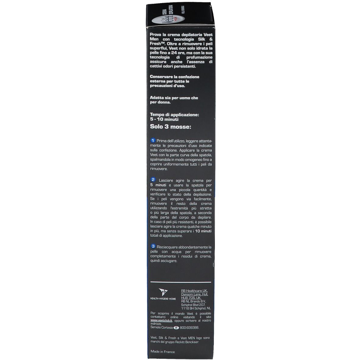 Côté de l'emballage du produit. Texte en italien. Informations sur l'utilisation. Fond noir.
