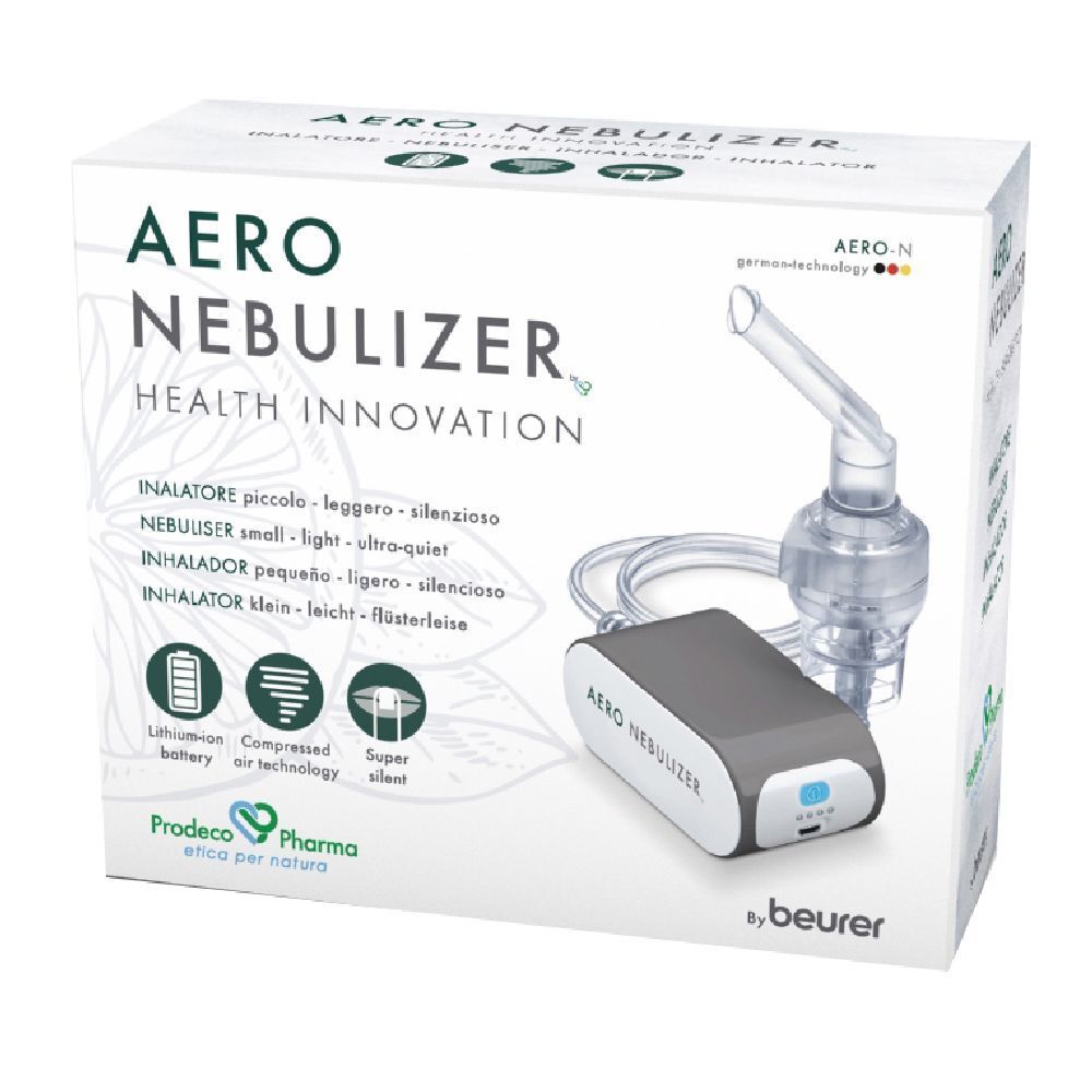 Nebulizzatore Aero nella confezione. Dispositivo grigio con accessori. Scritta: Aero Nebulizer, by beurer.