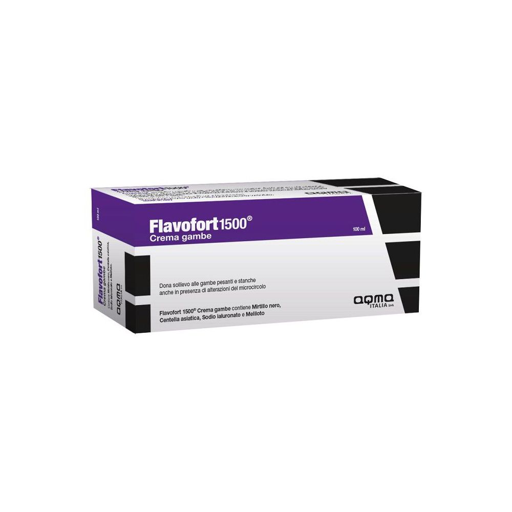 Scatola con scritta Flavofort 1500 Crema gambe. Colori viola e bianco. Logo Aqma Italia.
