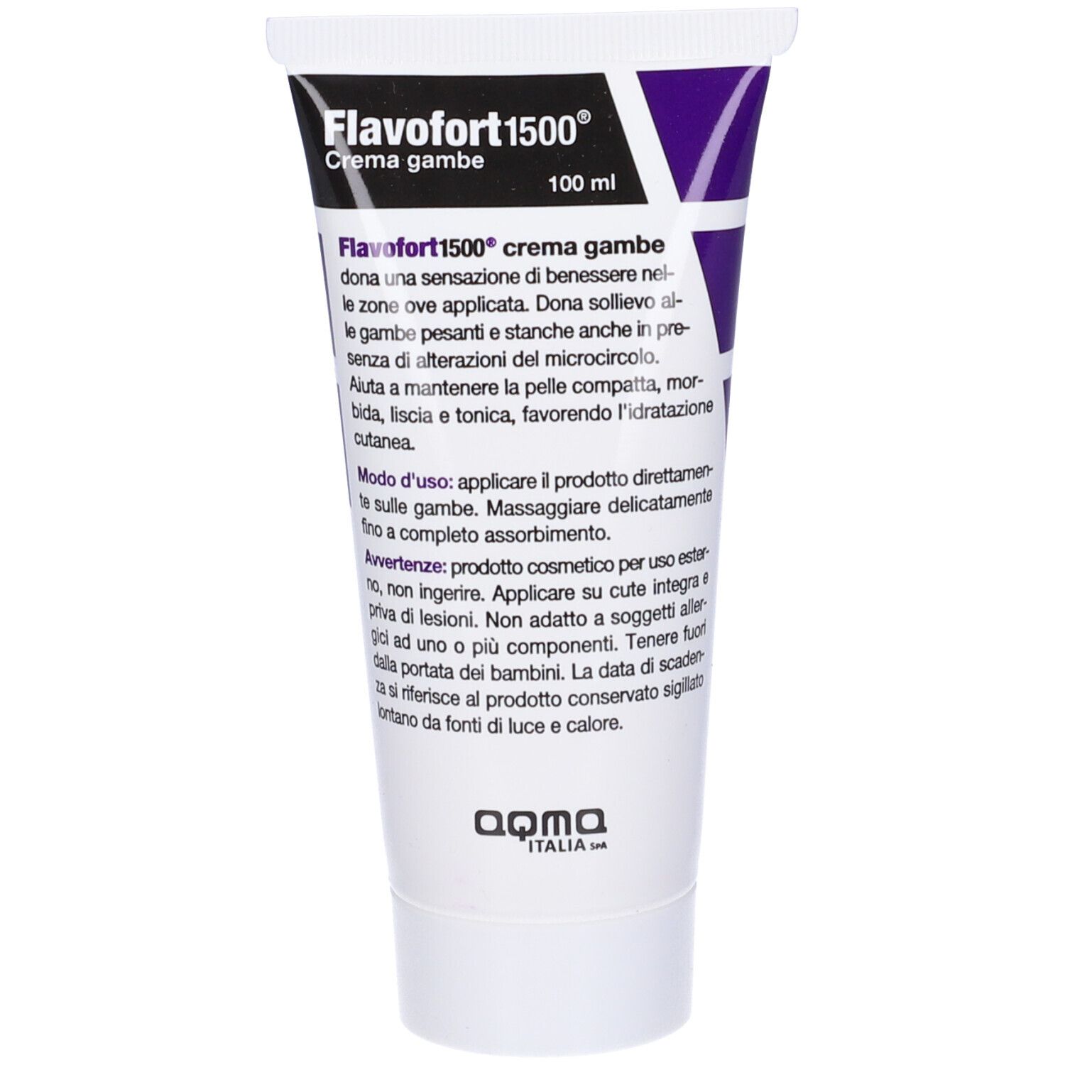 Tubo con scritta Flavofort 1500 Crema gambe. Tubo bianco con tappo e scritte viola.