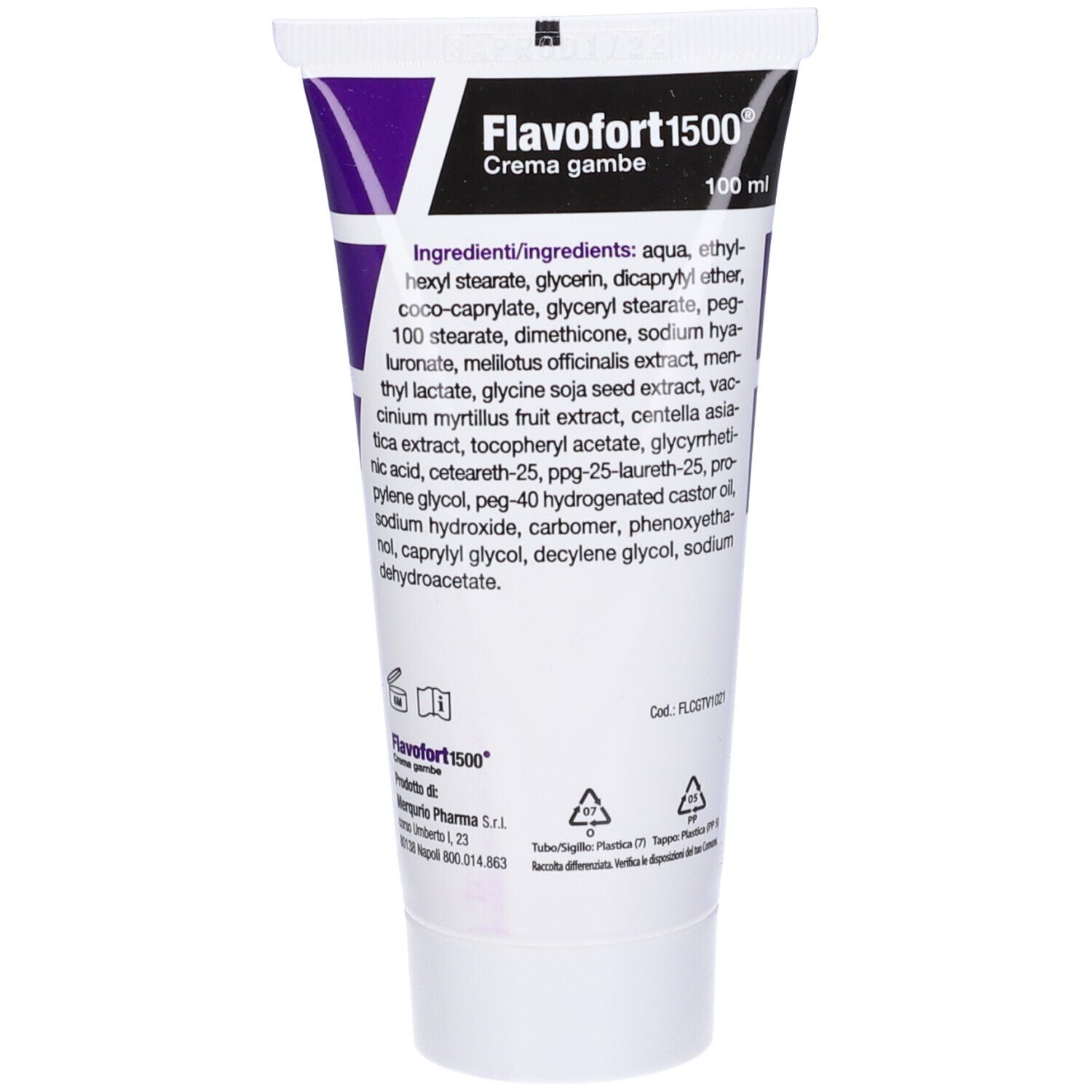 Tubo con elenco ingredienti: Flavofort 1500 Crema gambe. Tubo bianco con testo nero.