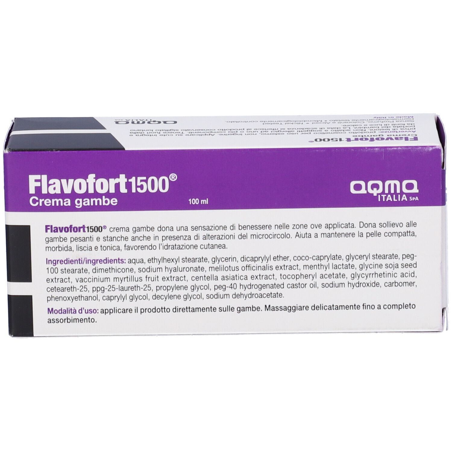 Scatola con informazioni prodotto: Flavofort 1500 Crema gambe. Testo, ingredienti e logo.
