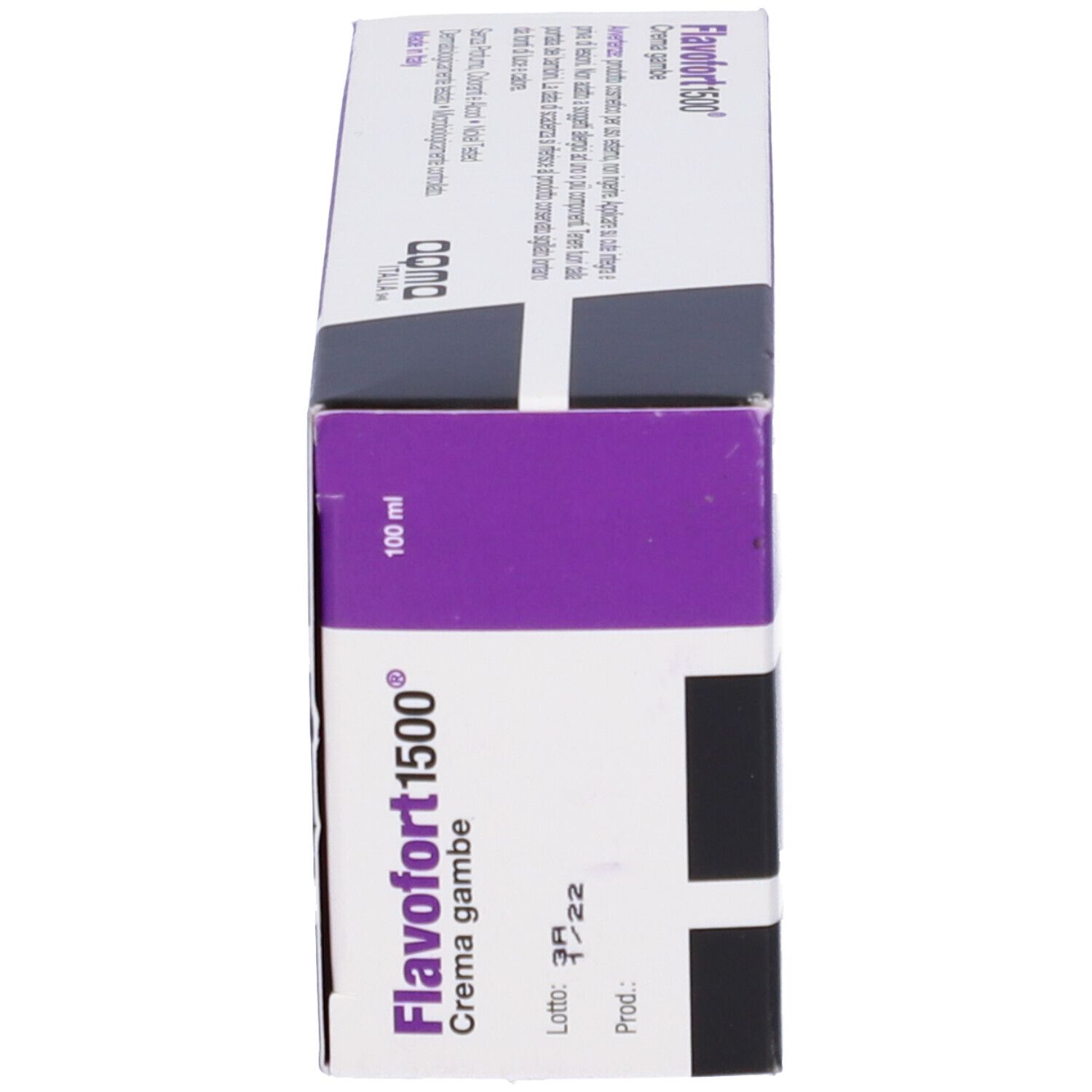 Scatola, vista laterale. Flavofort 1500 Crema gambe. Testo, numero di lotto e scadenza.
