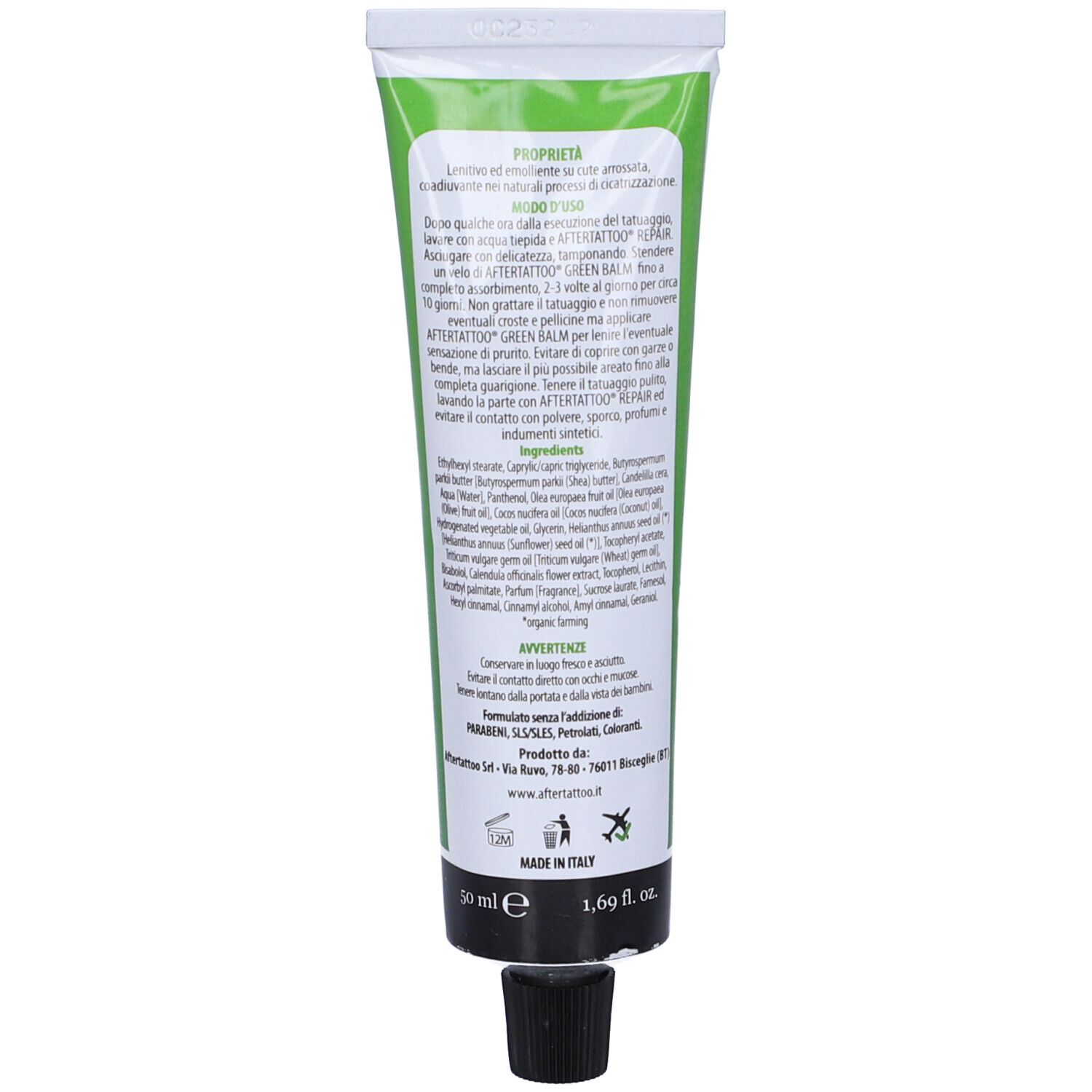 Rückseite der Tube. Text in italienischer Sprache. Enthält Inhaltsstoffe und Gebrauchsanweisung. Schwarzer Verschluss. Made in Italy.