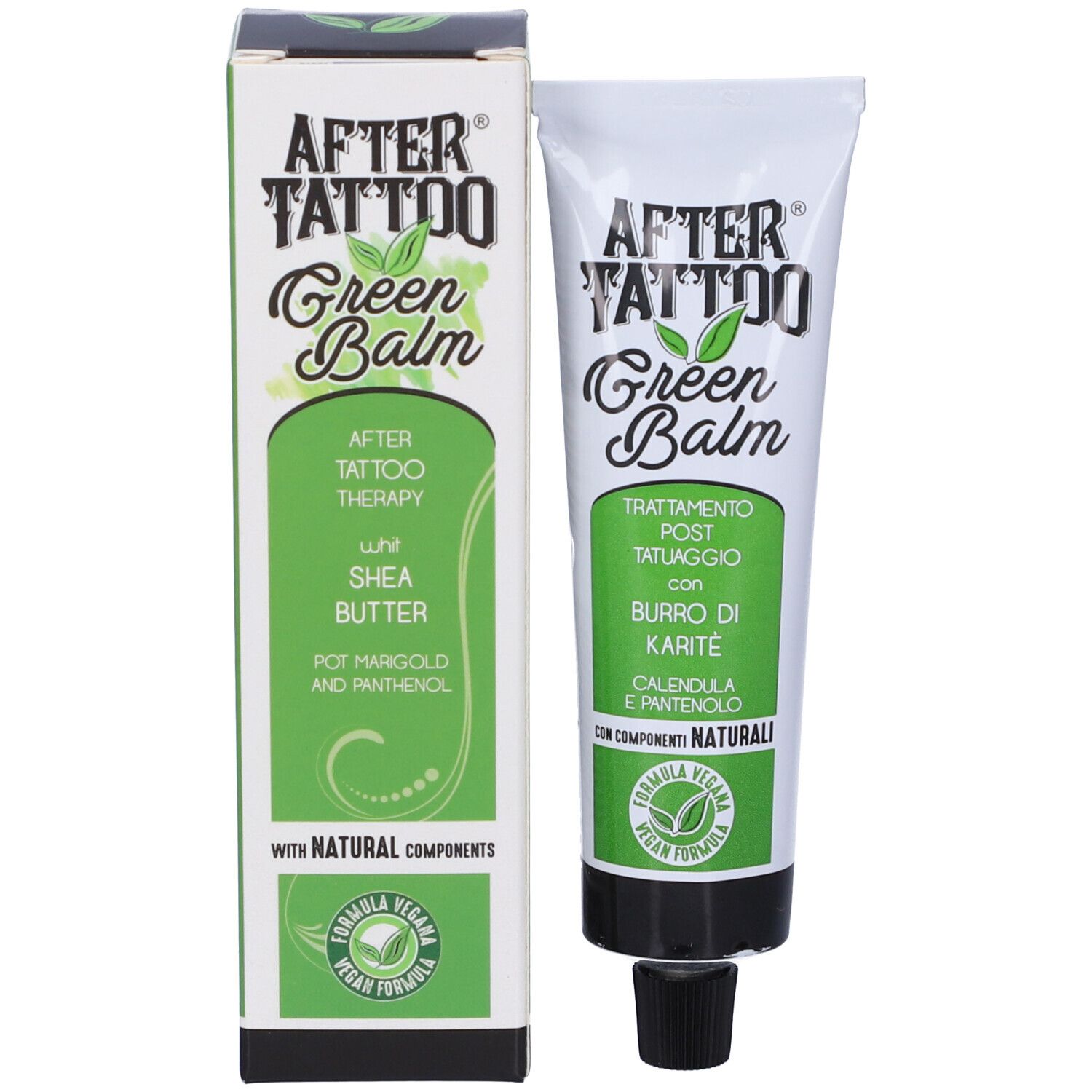 Tube und Schachtel mit grünem Aufdruck. Aufschrift: Aftertattoo Green Balm. Enthält Sheabutter, Ringelblume und Panthenol. Vegan-Siegel.