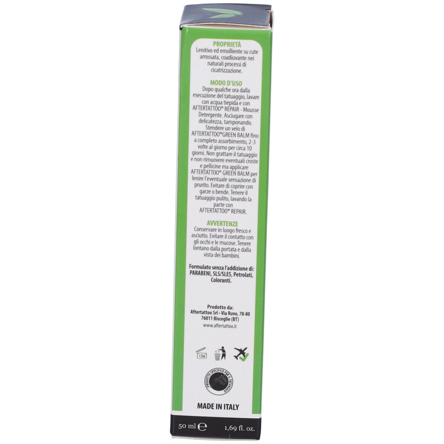 Rückseite der Schachtel. Text in italienischer Sprache. Enthält Inhaltsstoffe und Gebrauchsanweisung. Made in Italy. Vegan-Siegel.