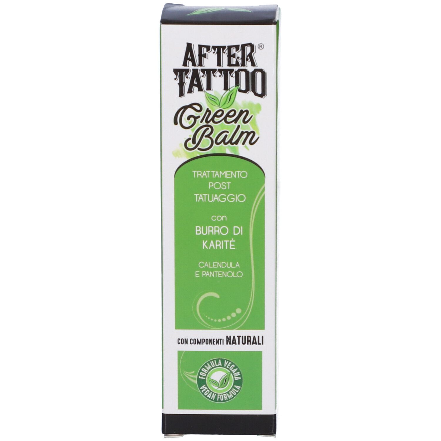 Grüne Schachtel mit weißem Aufdruck. Aufschrift: Aftertattoo Green Balm. Enthält Sheabutter, Ringelblume und Panthenol. Vegan-Siegel.