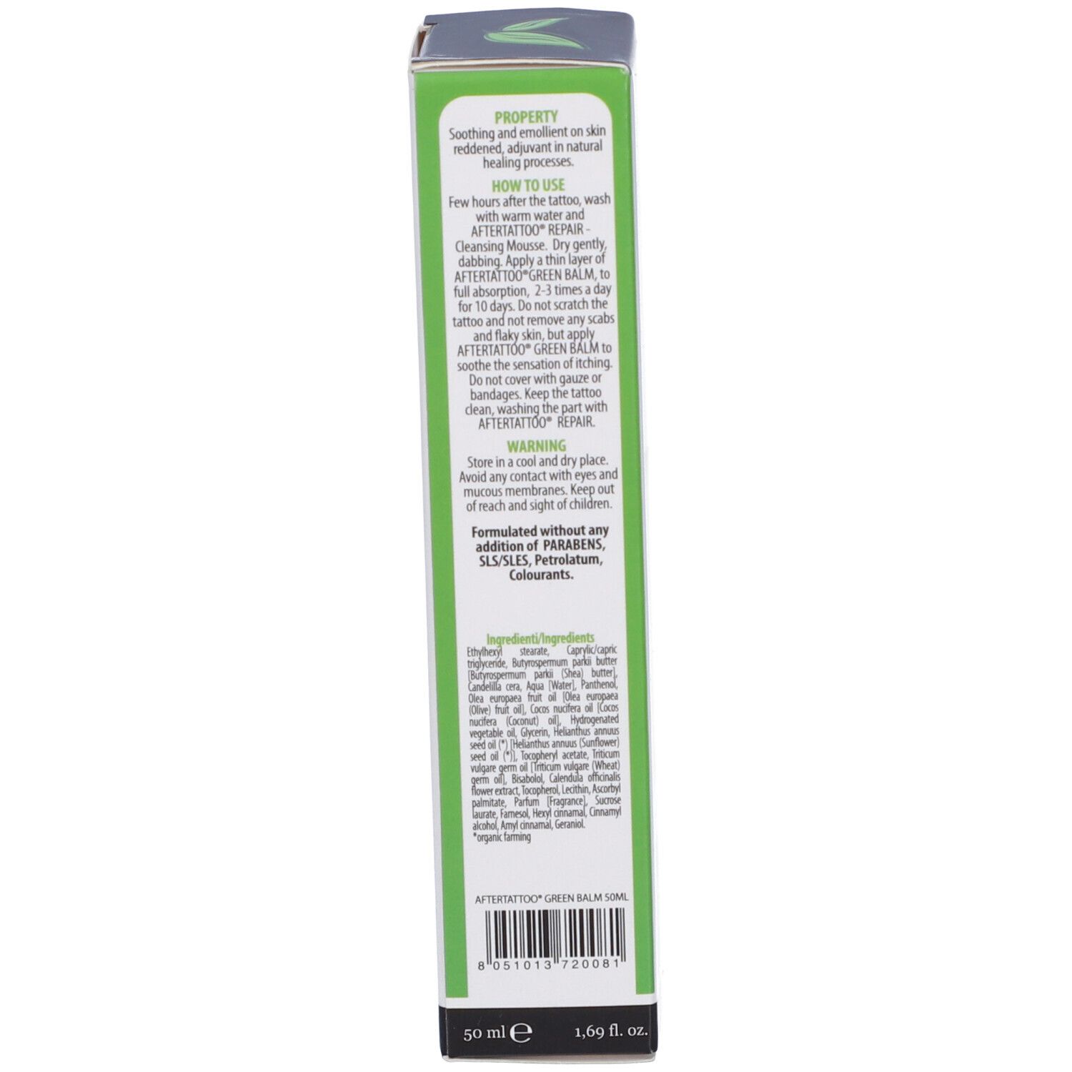 Rückseite der Schachtel. Text in italienischer Sprache. Enthält Inhaltsstoffe und Gebrauchsanweisung. Made in Italy. Vegan-Siegel.
