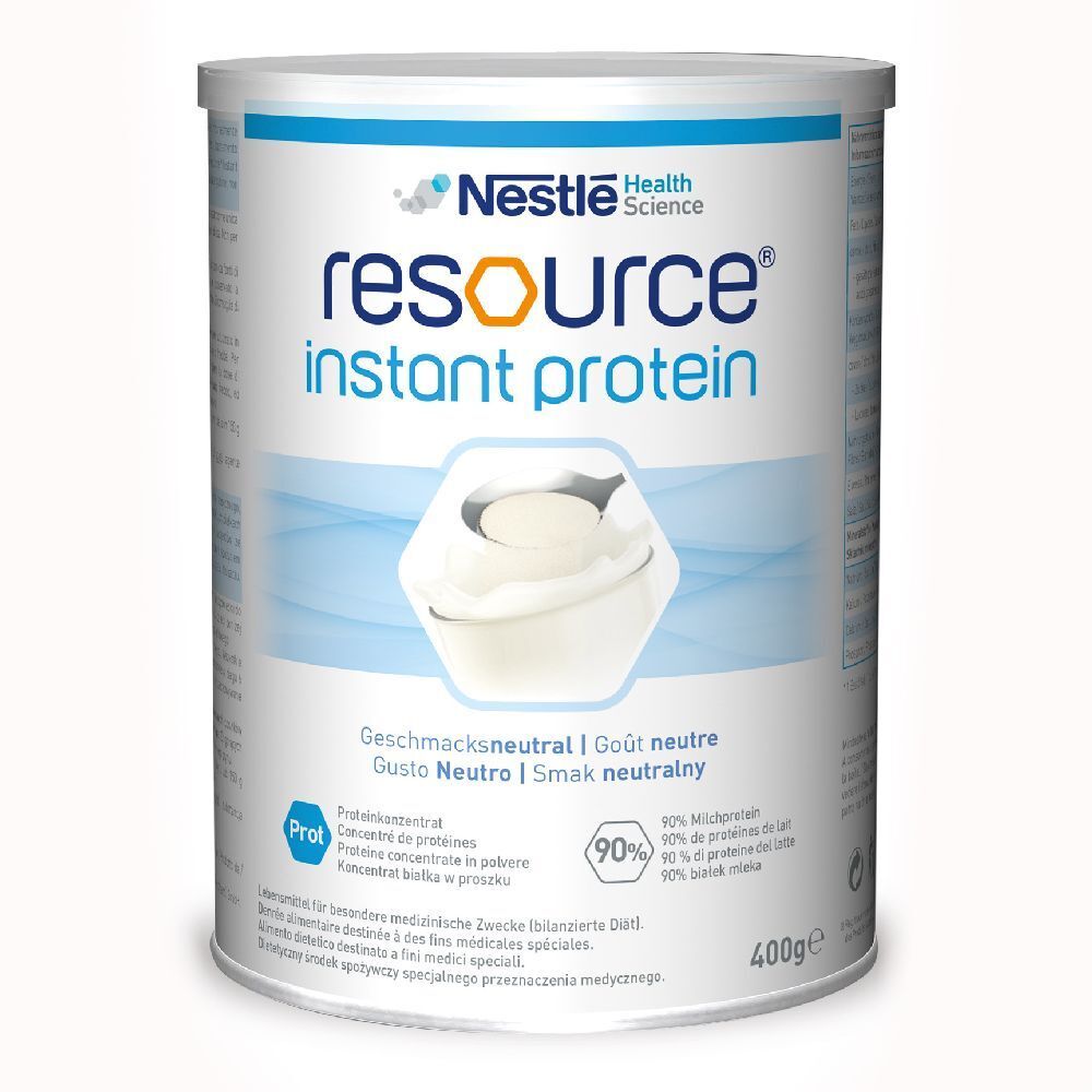 Barattolo di "Resource Instant Protein". Scritta: "Gusto Neutro". Contiene 400g. Marchio: Nestle Health Science.