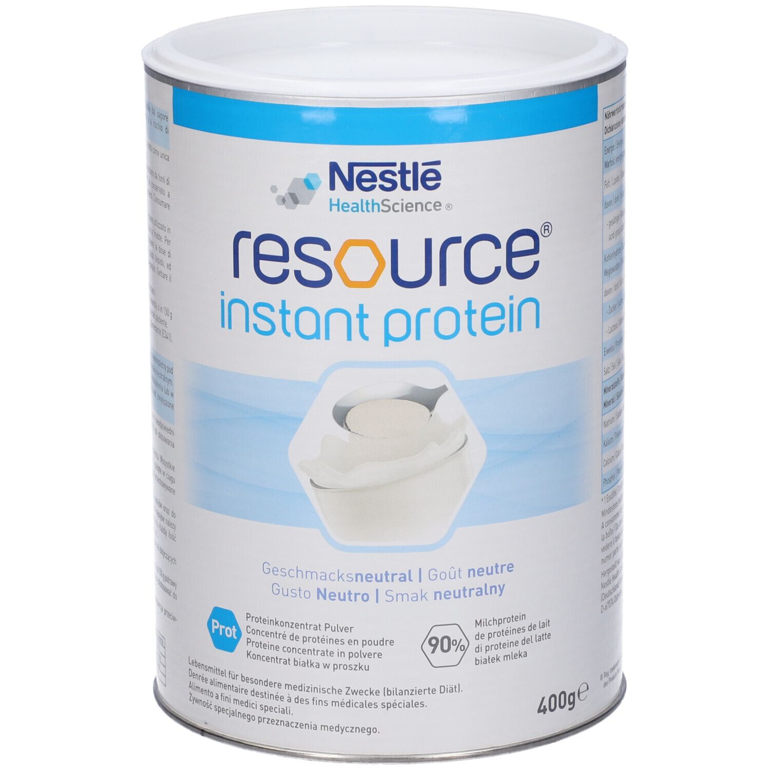 Barattolo "Resource Instant Protein". Scritta: "Gusto Neutro". Contiene 400g. Marchio: Nestle Health Science.