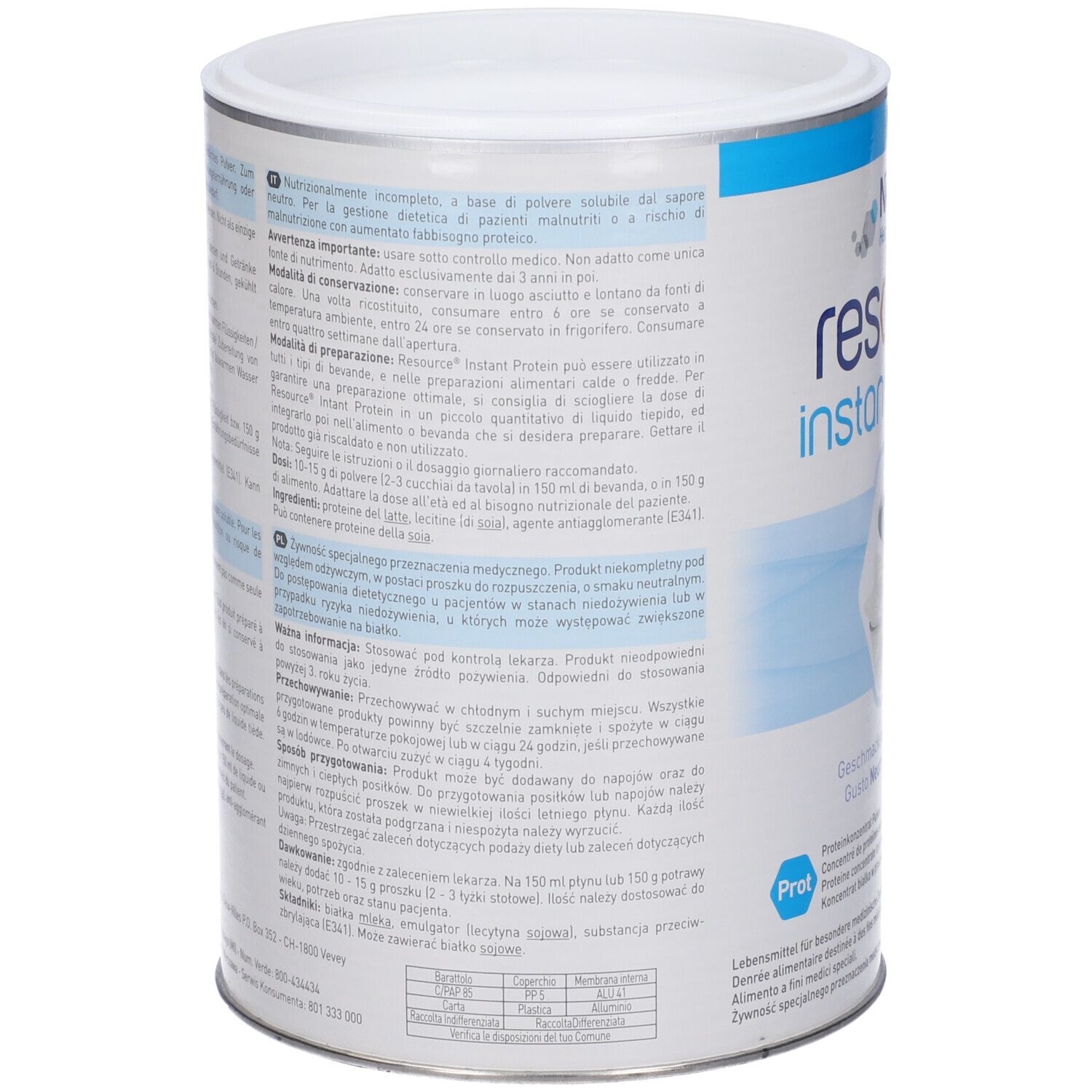 Retro del barattolo "Resource Instant Protein". Testo multilingue. Contiene informazioni sull'uso.