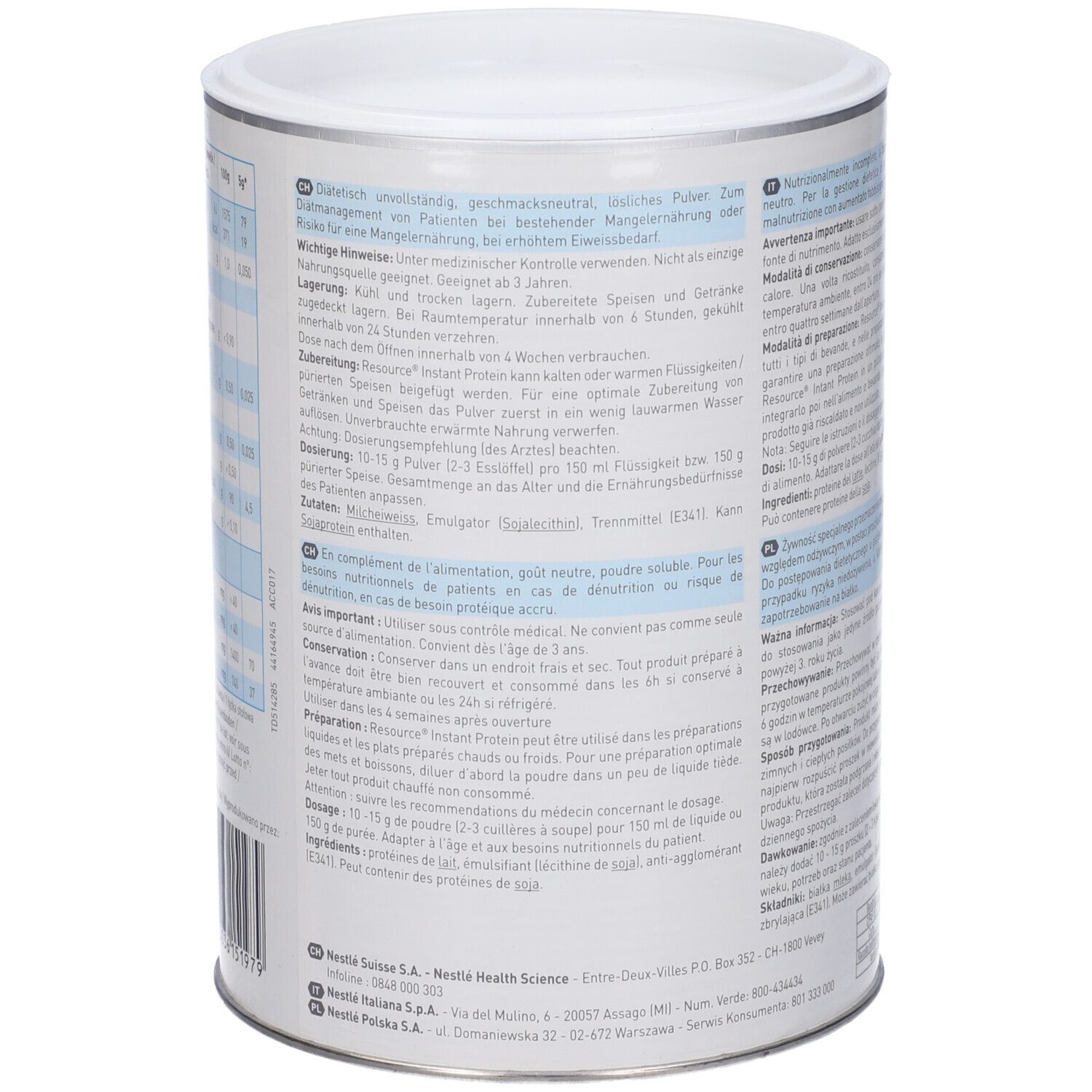 Retro del barattolo "Resource Instant Protein". Testo multilingue. Contiene informazioni sull'uso.