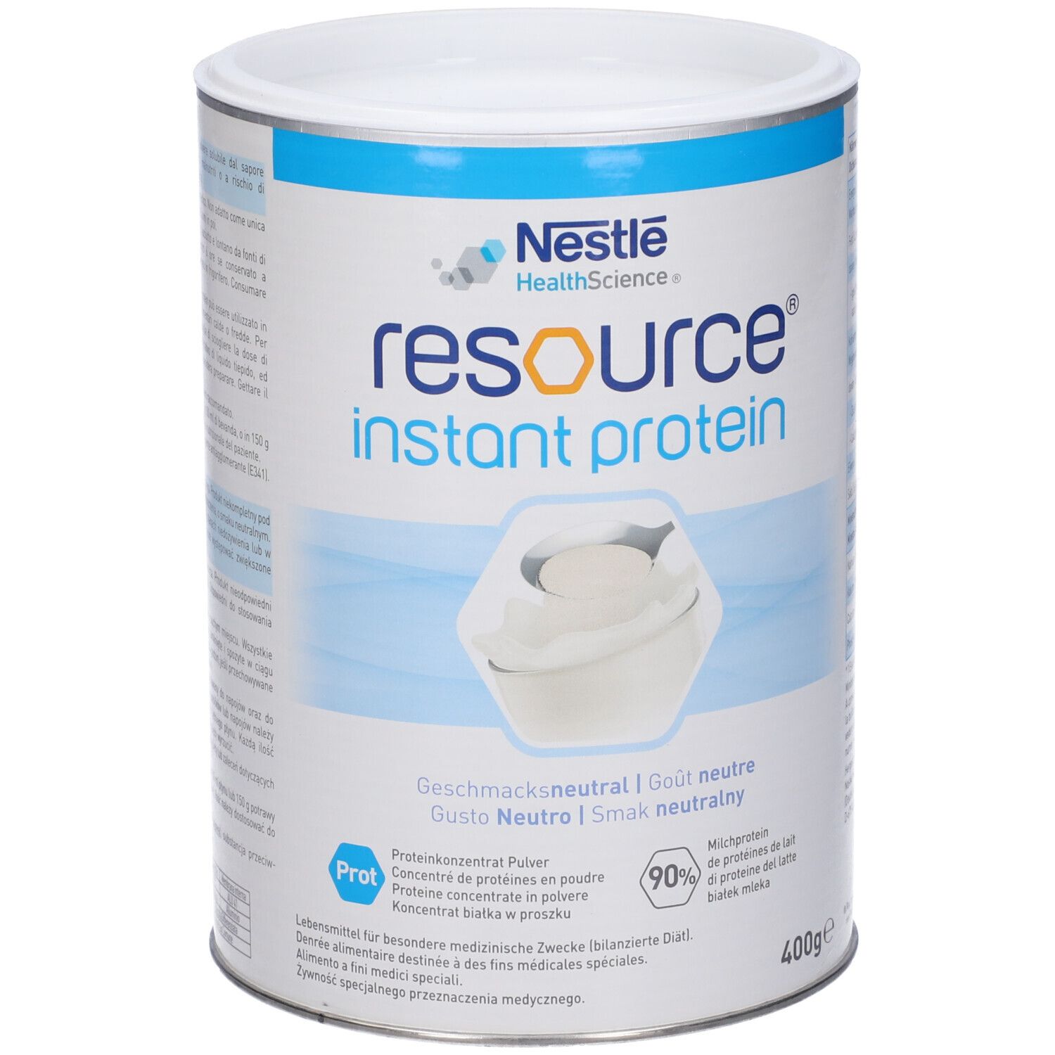 Barattolo "Resource Instant Protein". Scritta: "Gusto Neutro". Contiene 400g. Marchio: Nestle Health Science.