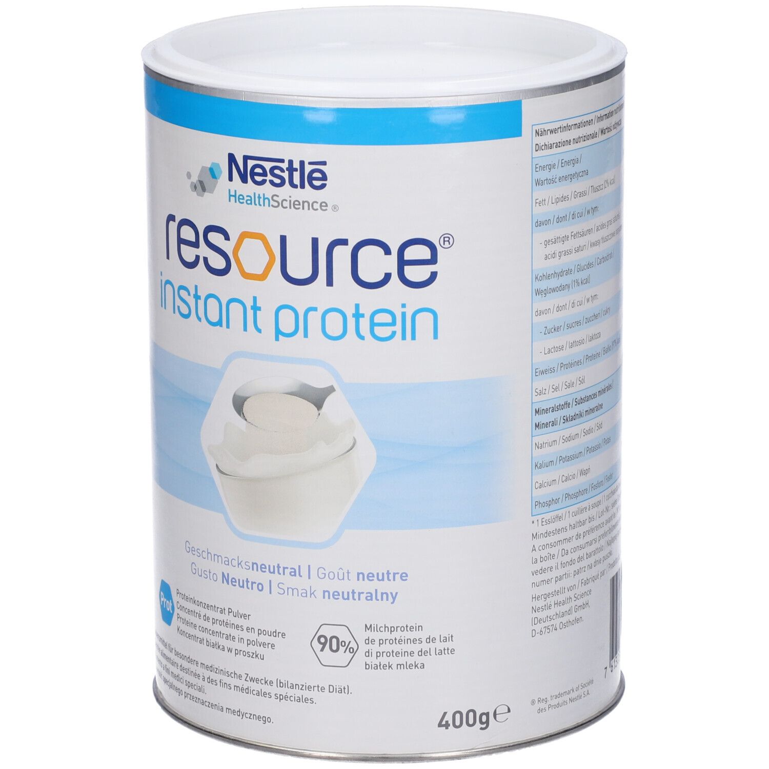 Barattolo "Resource Instant Protein". Scritta: "Gusto Neutro". Contiene 400g. Marchio: Nestle Health Science.