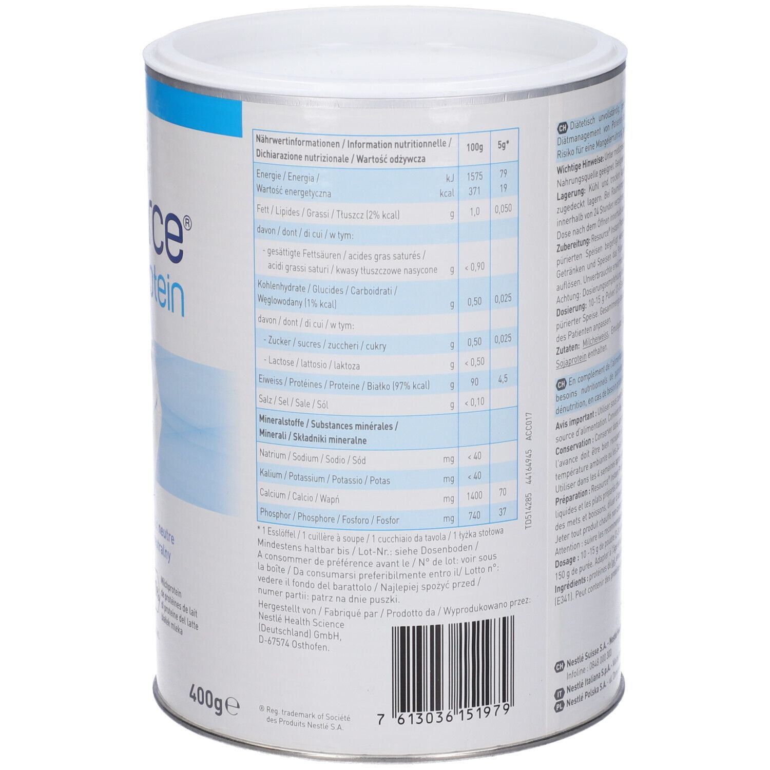 Retro del barattolo "Resource Instant Protein". Contiene informazioni nutrizionali e ingredienti.
