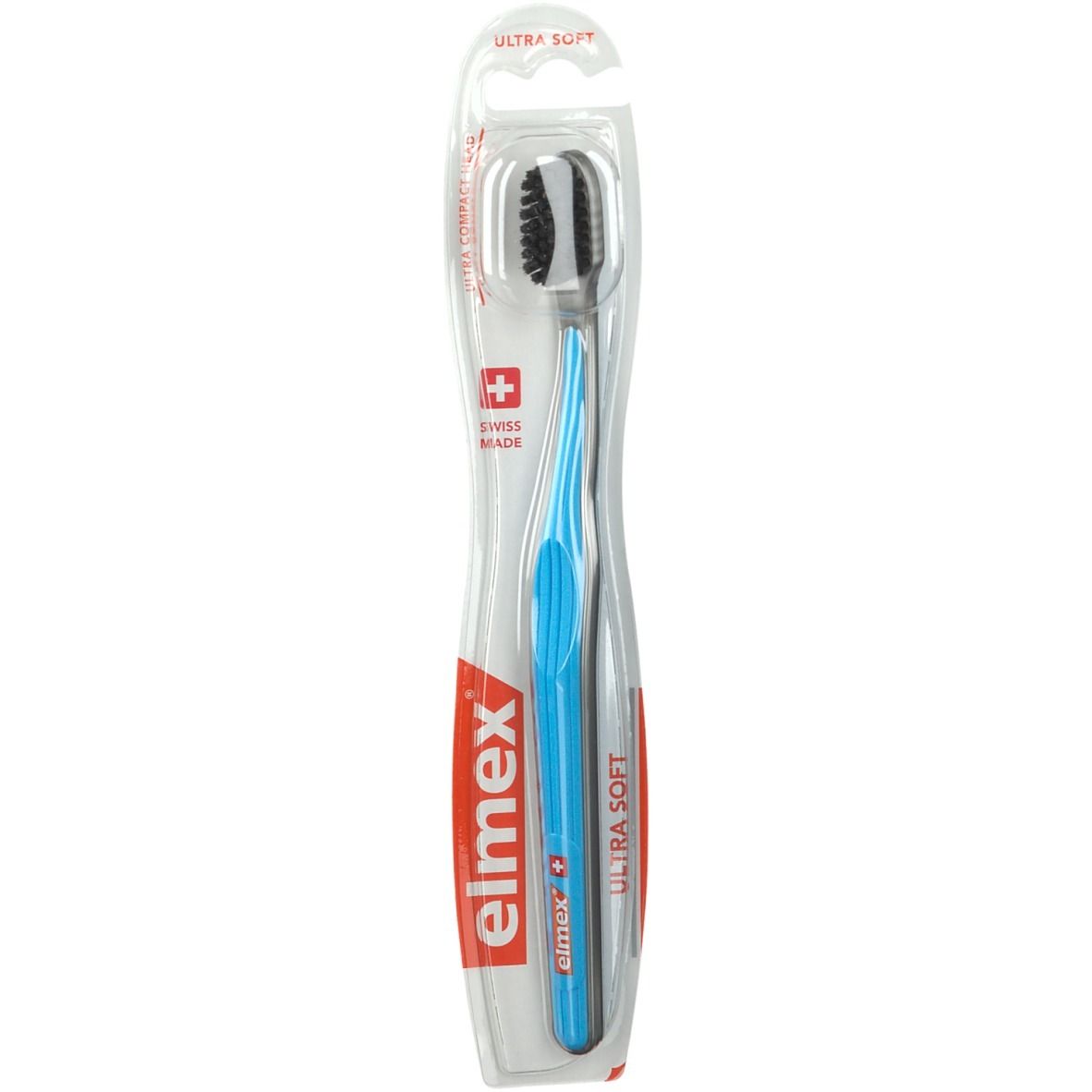 Spazzolino Elmex Ultra Soft, manico blu, setole nere, confezione blister.