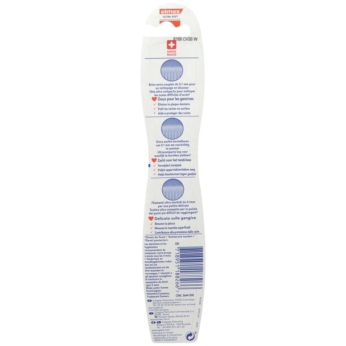Retro confezione spazzolino Elmex Ultra Soft con informazioni e illustrazioni.