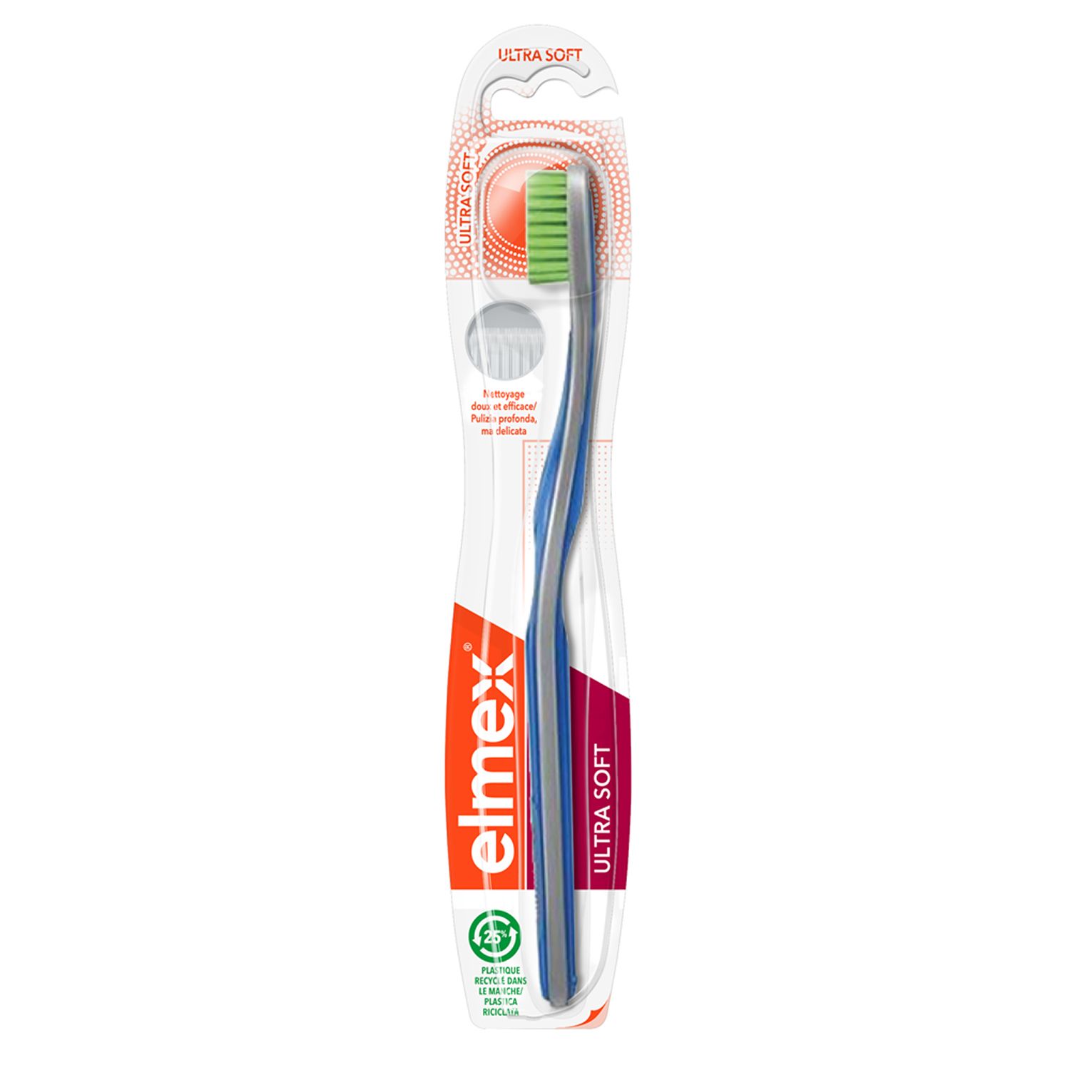 Spazzolino Elmex Ultra Soft, manico blu, setole verdi, confezione blister.