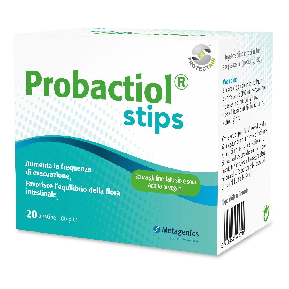 Scatola di "Probactiol stips". Contiene 20 bustine. Scritto: "Aumenta la frequenza di evacuazione, Favorisce l'equilibrio della flora intestinale".