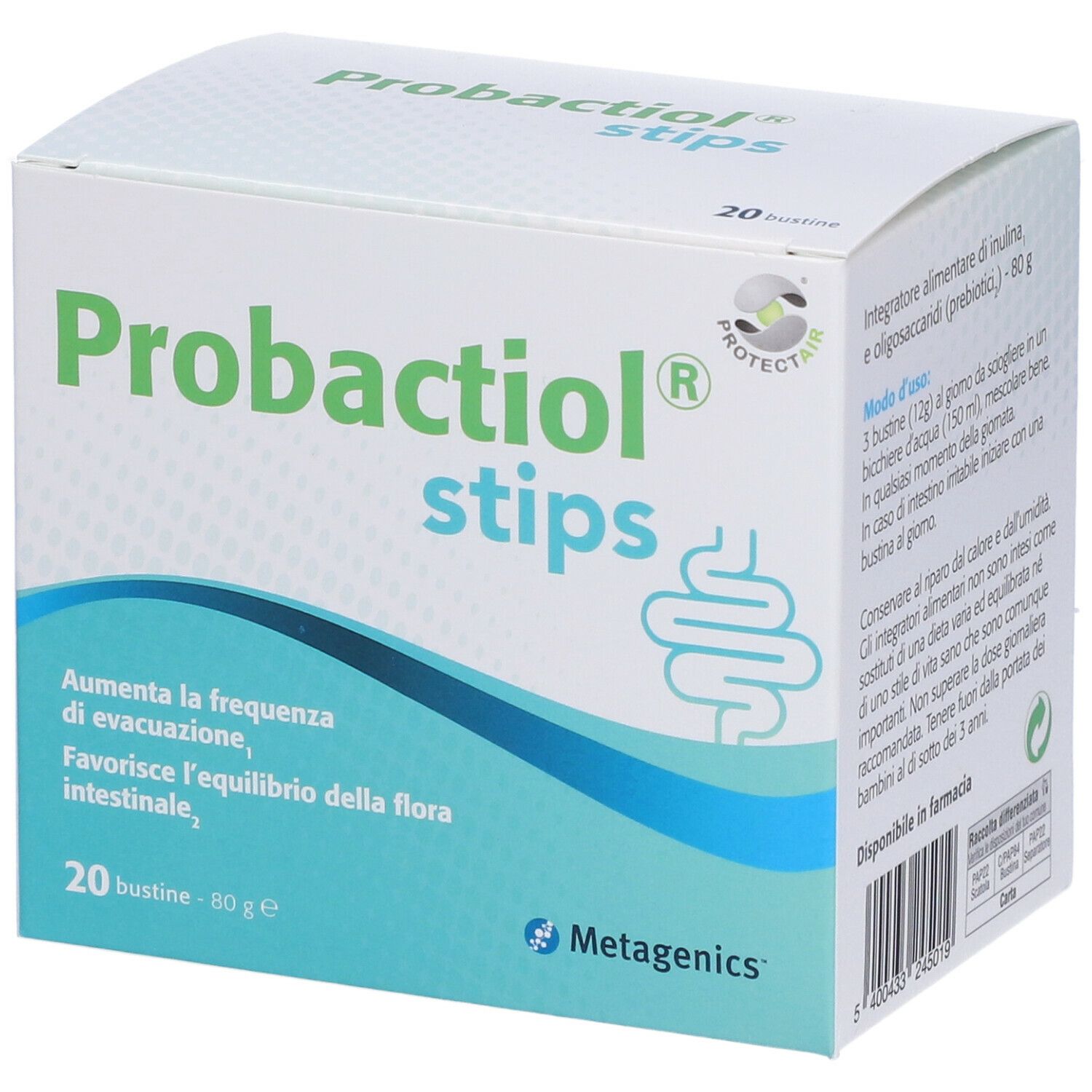 Scatola di "Probactiol stips". Contiene 20 bustine. Scritto: "Aumenta la frequenza di evacuazione, Favorisce l'equilibrio della flora intestinale".