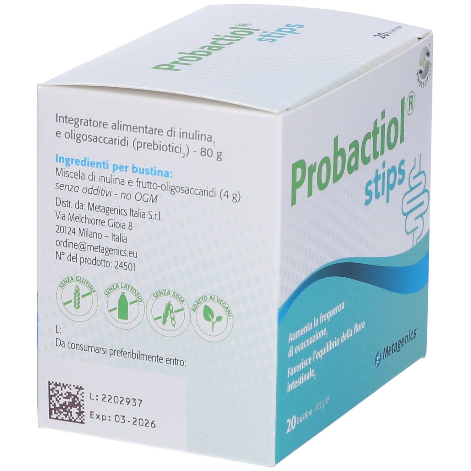 Scatola di "Probactiol stips". Contiene 20 bustine. Scritto: "Aumenta la frequenza di evacuazione, Favorisce l'equilibrio della flora intestinale".