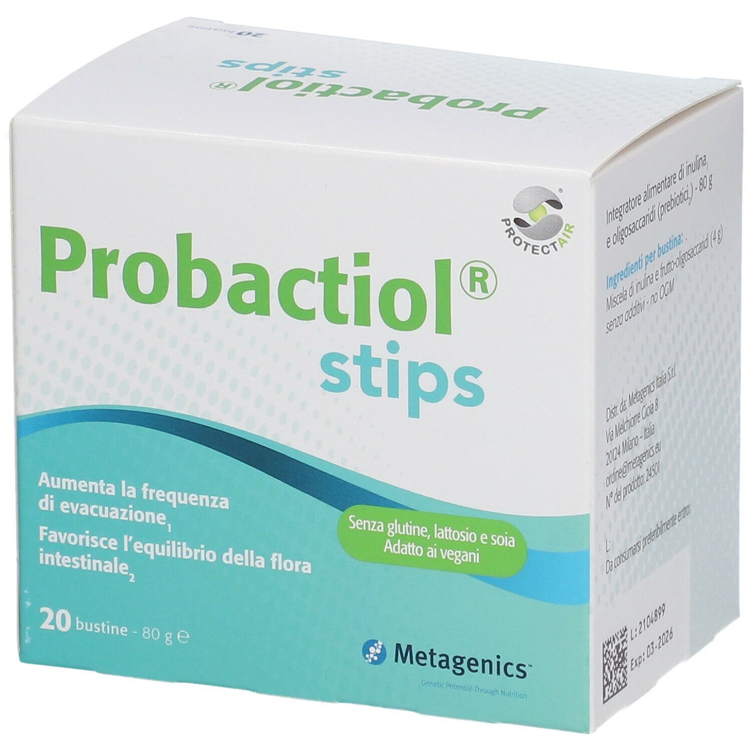 Scatola di "Probactiol stips". Contiene 20 bustine. Scritto: "Aumenta la frequenza di evacuazione, Favorisce l'equilibrio della flora intestinale".