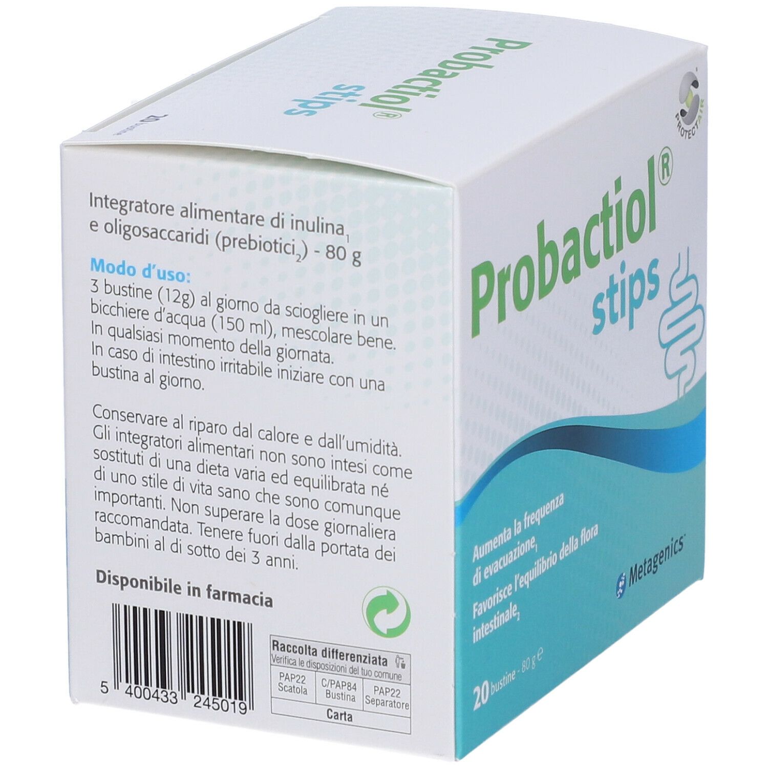Scatola di "Probactiol stips". Contiene 20 bustine. Scritto: "Aumenta la frequenza di evacuazione, Favorisce l'equilibrio della flora intestinale".