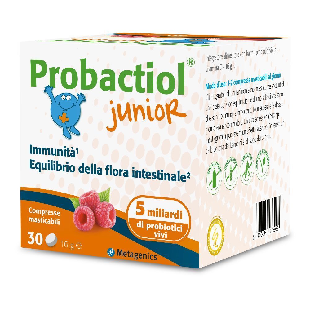 Scatola Probactiol Junior. 30 compresse masticabili. Lamponi e informazioni. Logo Metagenics.
