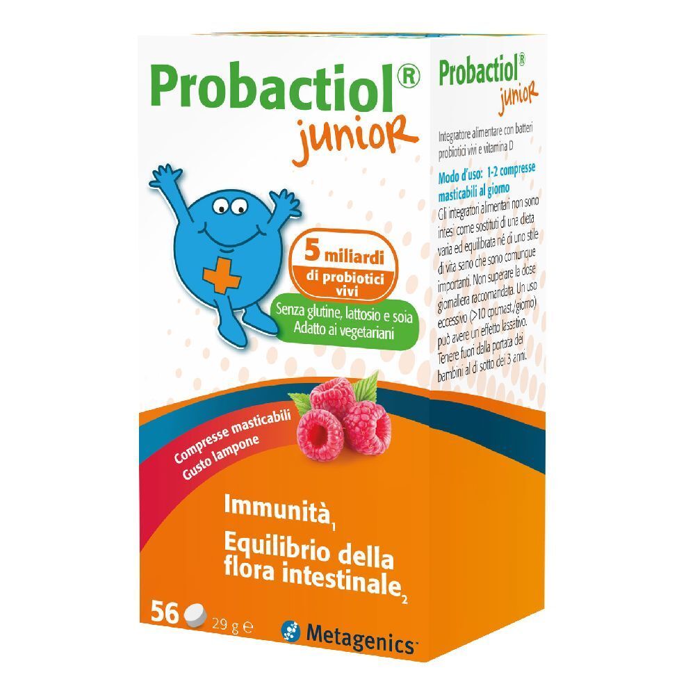 Scatola di Probactiol junior. Contiene 56 compresse masticabili. Immagine di lamponi. Testo: Immunità, equilibrio della flora intestinale.