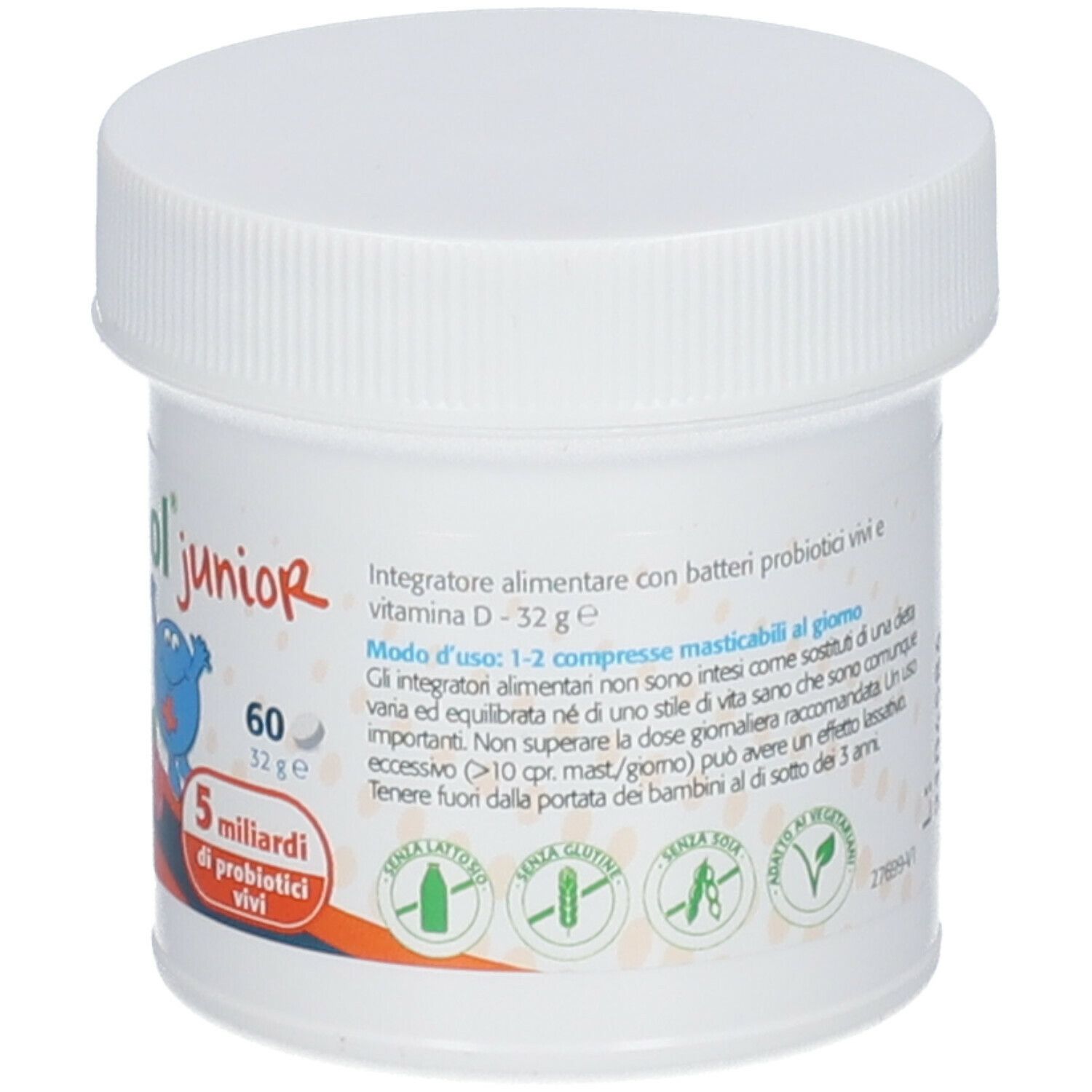 Barattolo bianco Probactiol junior con tappo a vite. Contiene 60 compresse. Testo: 5 miliardi di batteri vivi. Senza lattosio, glutine, soia.