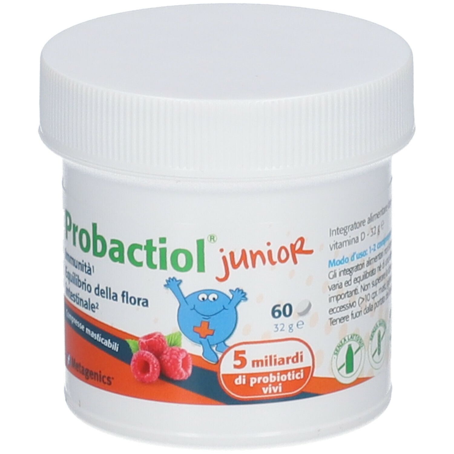 Barattolo bianco Probactiol junior con tappo a vite. Contiene 60 compresse. Immagine di lamponi. Testo: 5 miliardi di batteri vivi.