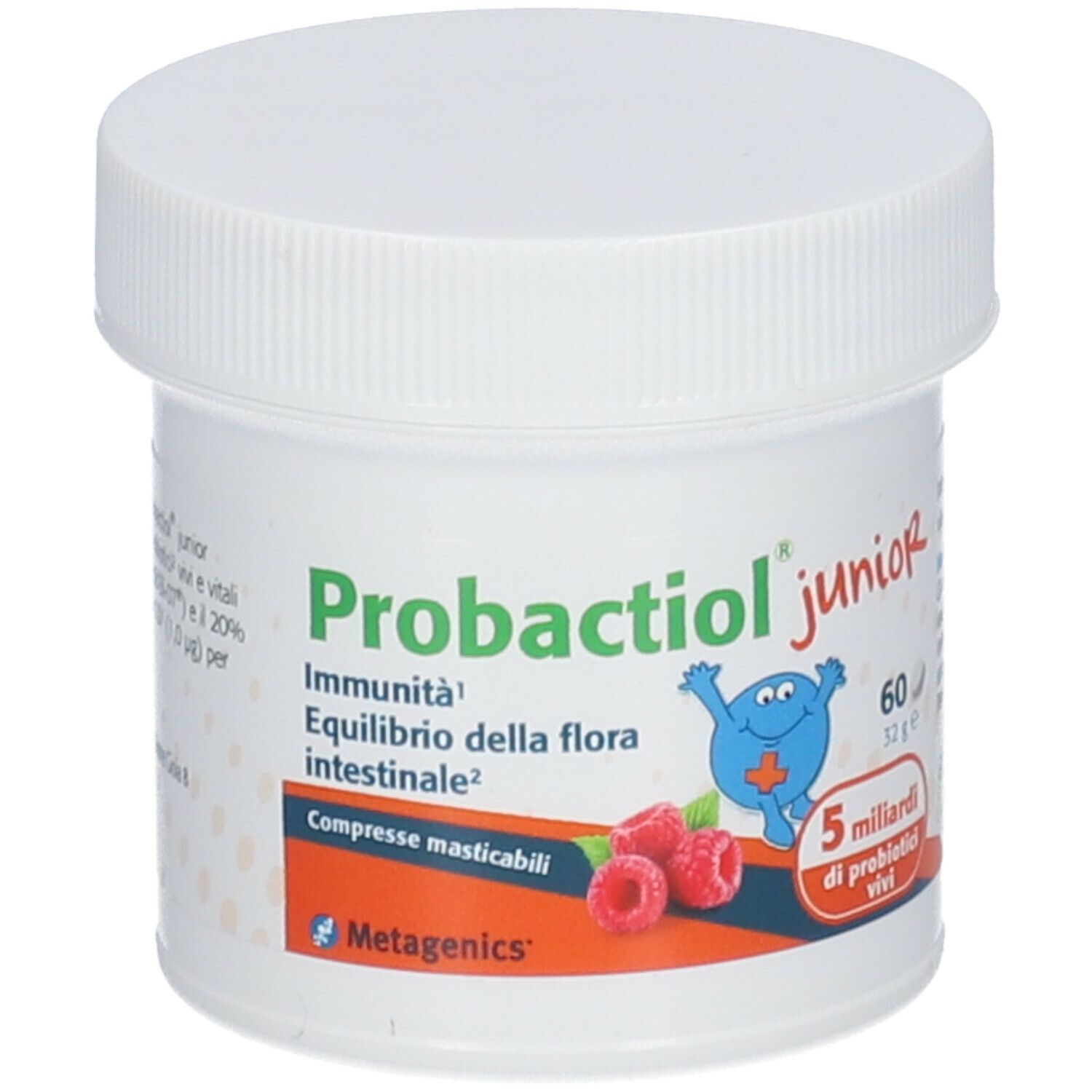 Barattolo bianco Probactiol junior con tappo a vite. Contiene 60 compresse. Immagine di lamponi. Testo: Immunità, equilibrio della flora intestinale.