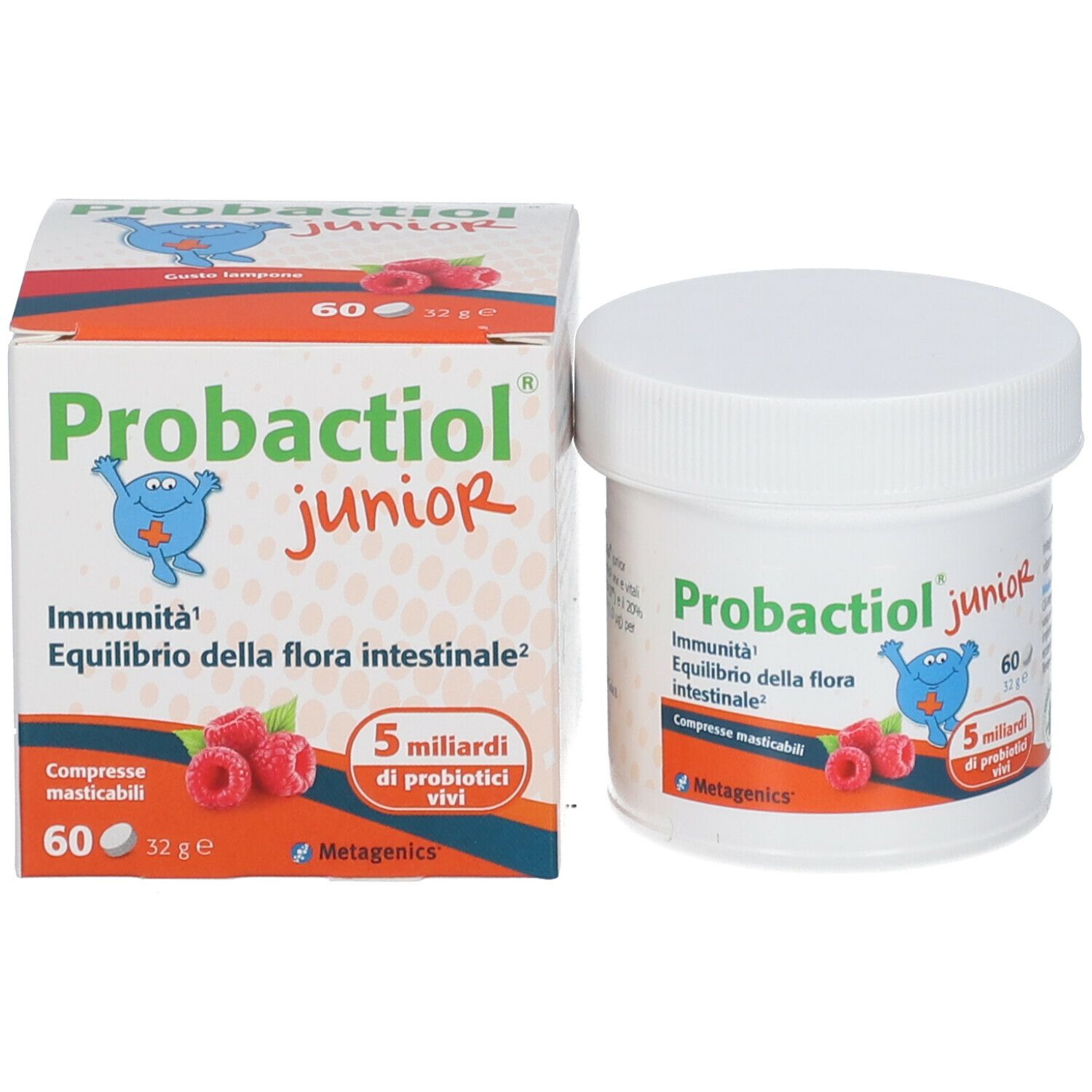 Barattolo e scatola Probactiol junior. Contiene 60 compresse. Testo: Immunità, equilibrio della flora intestinale. Immagine di lamponi.