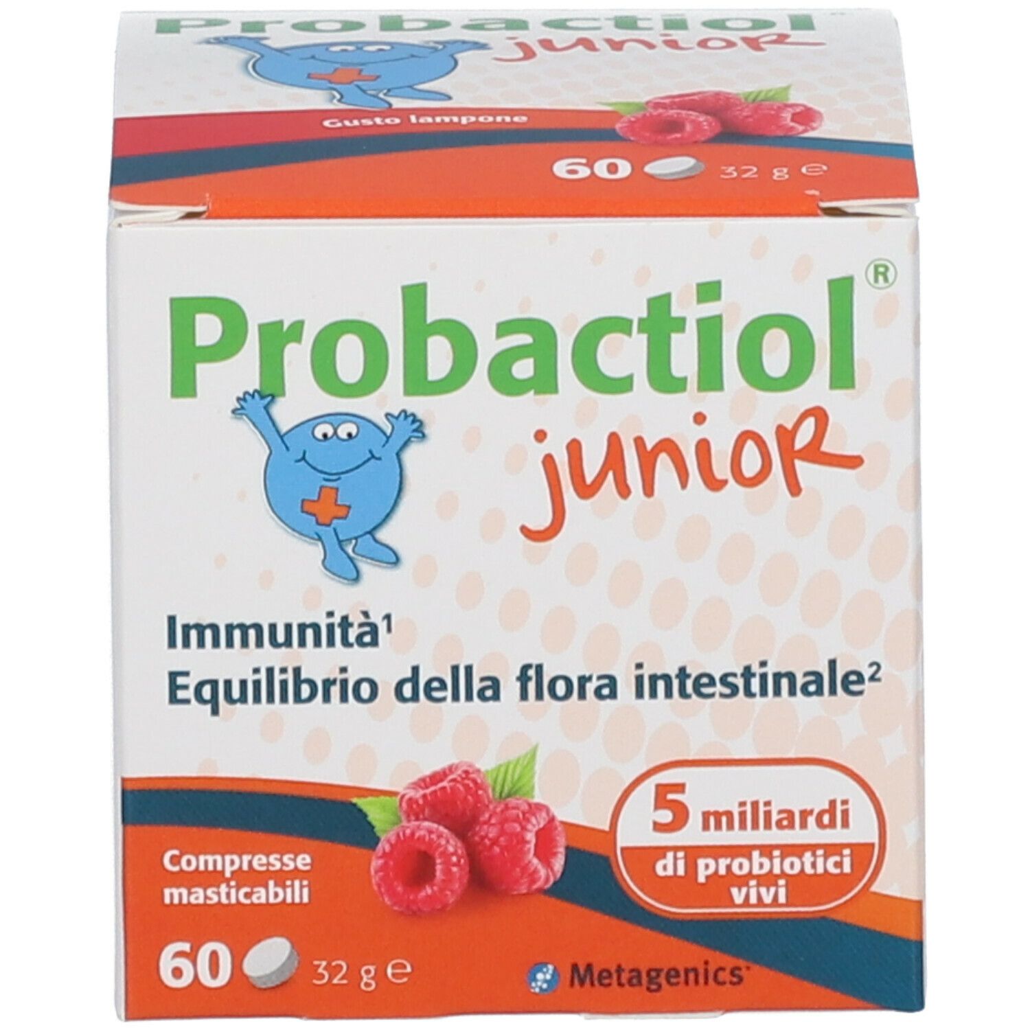Scatola Probactiol junior. Contiene 60 compresse. Testo: Immunità, equilibrio della flora intestinale. Immagine di lamponi. 5 miliardi di batteri vivi.