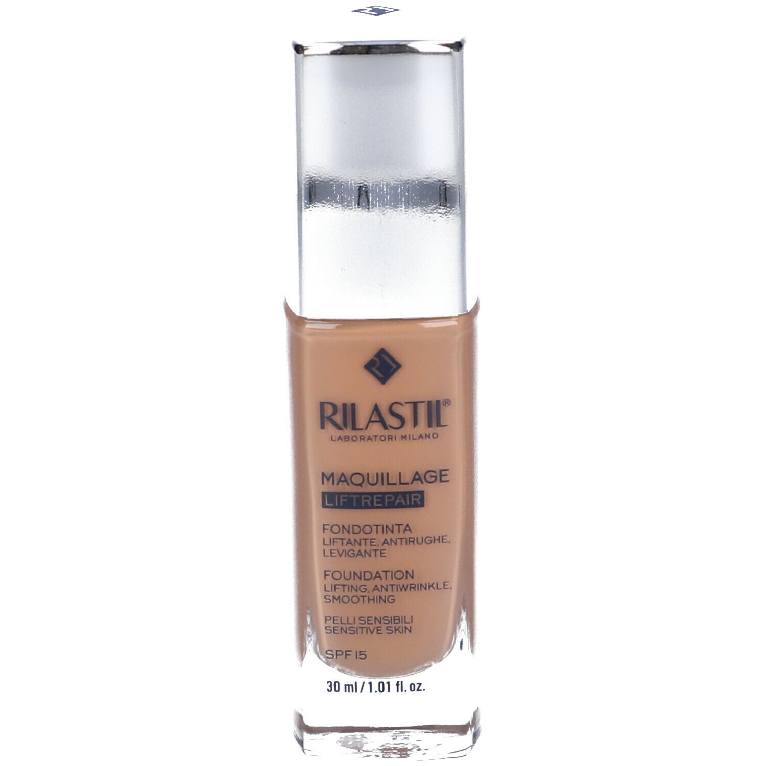 Flacone trucco con tappo argentato. Scritta: Rilastil Maquillage Liftrepair. SPF 15.