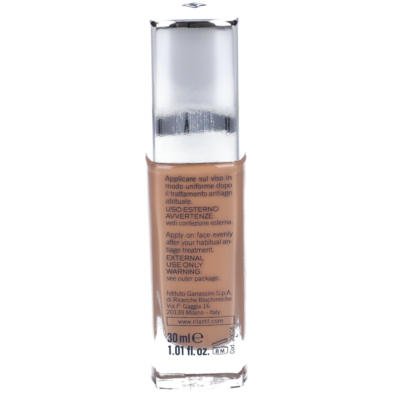 Flacone trucco con tappo argentato. Scritta: Rilastil Maquillage Liftrepair. SPF 15.