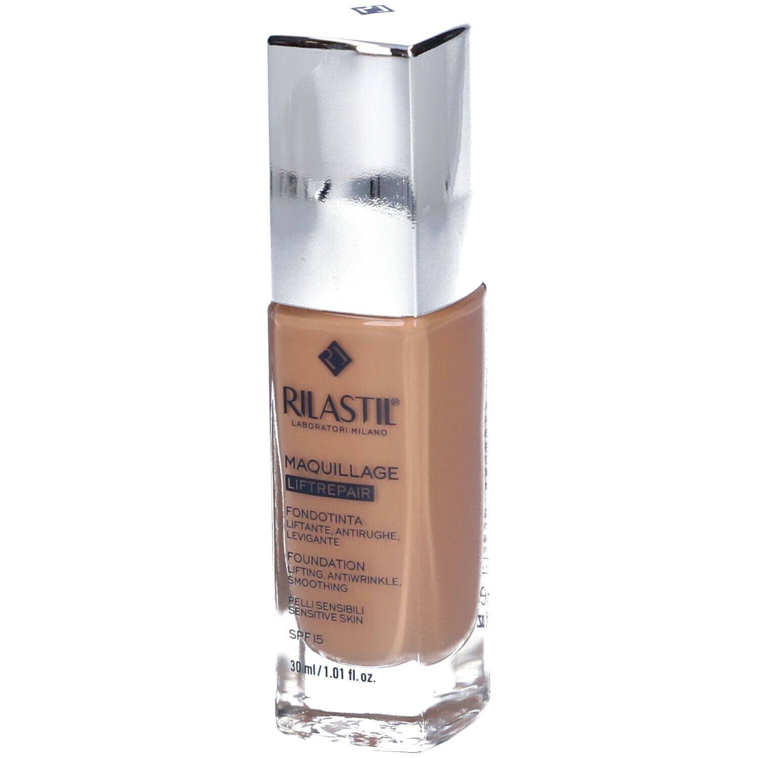 Flacone trucco con tappo argentato. Scritta: Rilastil Maquillage Liftrepair. SPF 15.
