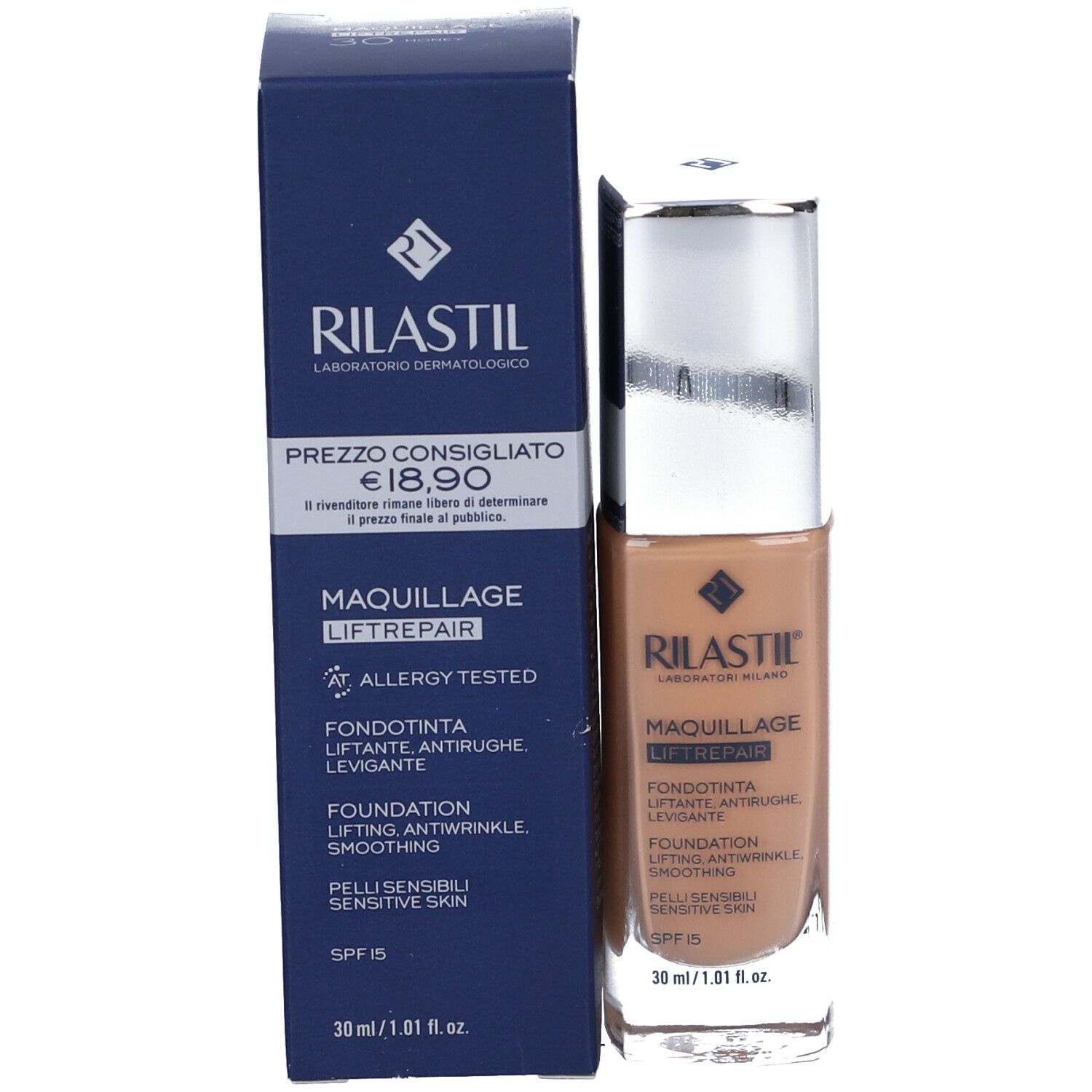 Flacone trucco e scatola. Scritta: Rilastil Maquillage Liftrepair. SPF 15. Prezzo.