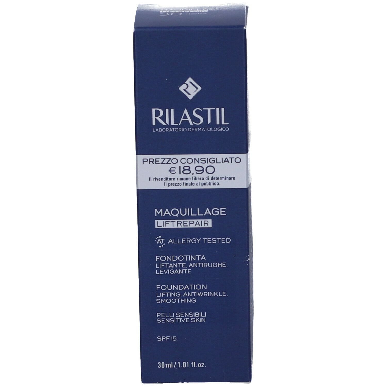 Scatola con scritta: Rilastil Maquillage Liftrepair. Prezzo.
