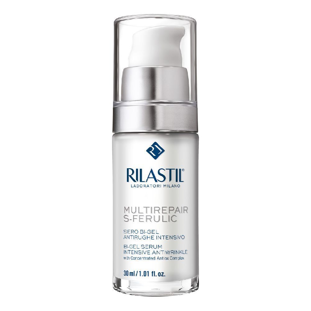 Flacone con dosatore trasparente. Scritta: Rilastil, Multirepair S-Ferulic. Testo: Sero Bi-Gel, Intensive Anti-Wrinkle. 30ml/1.01 fl.oz.