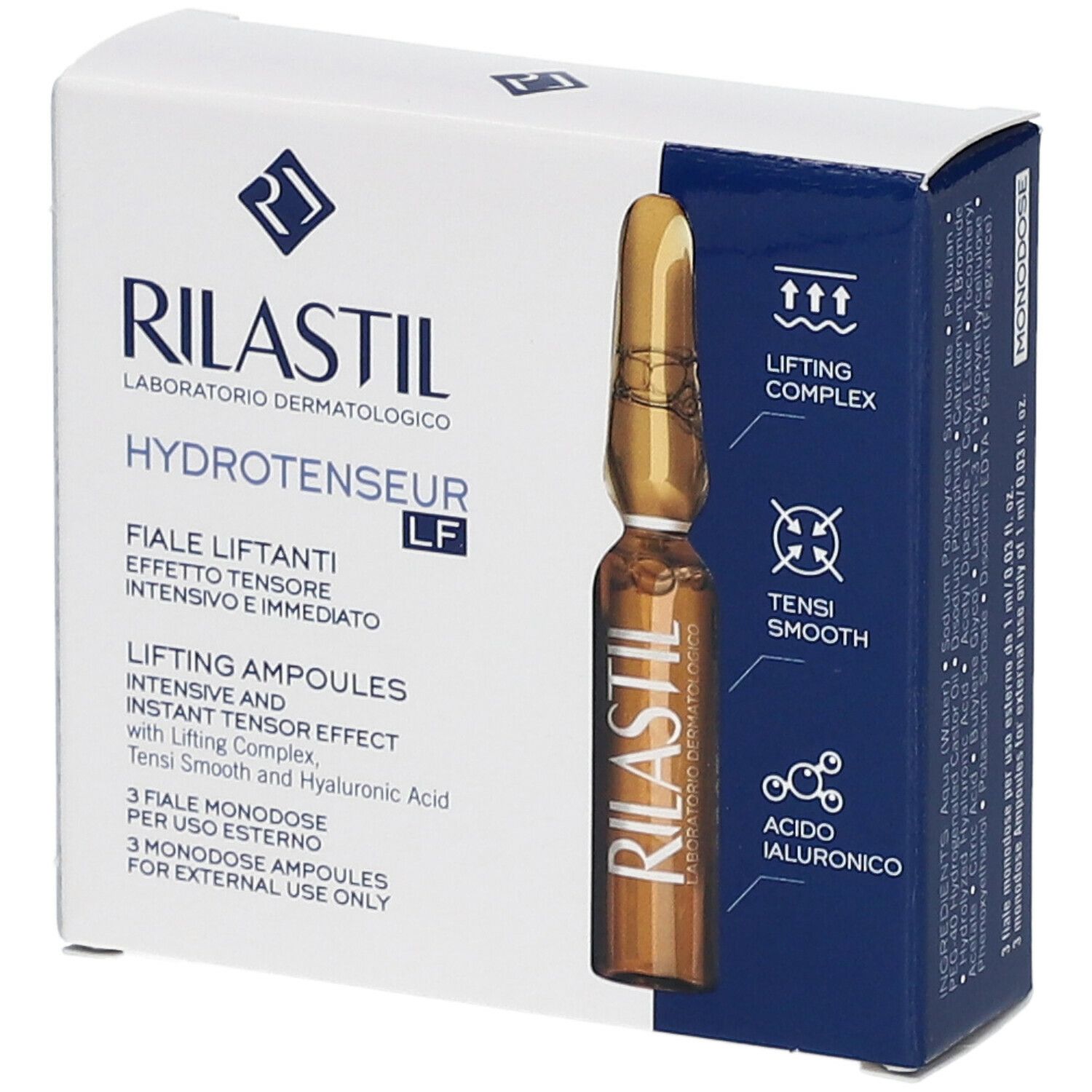 Scatola Rilastil Hydrotenseur LF Fiale Liftanti. Un'ampolla visibile. Scritta: Lifting Ampoules.