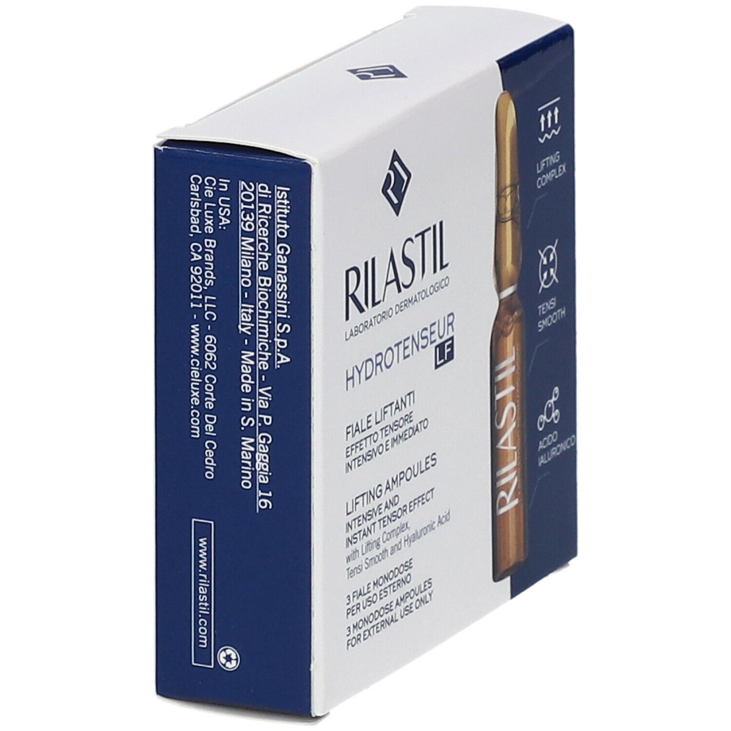 Scatola Rilastil Hydrotenseur LF Fiale Liftanti, in diagonale. Un'ampolla visibile. Scritta: Lifting Ampoules.