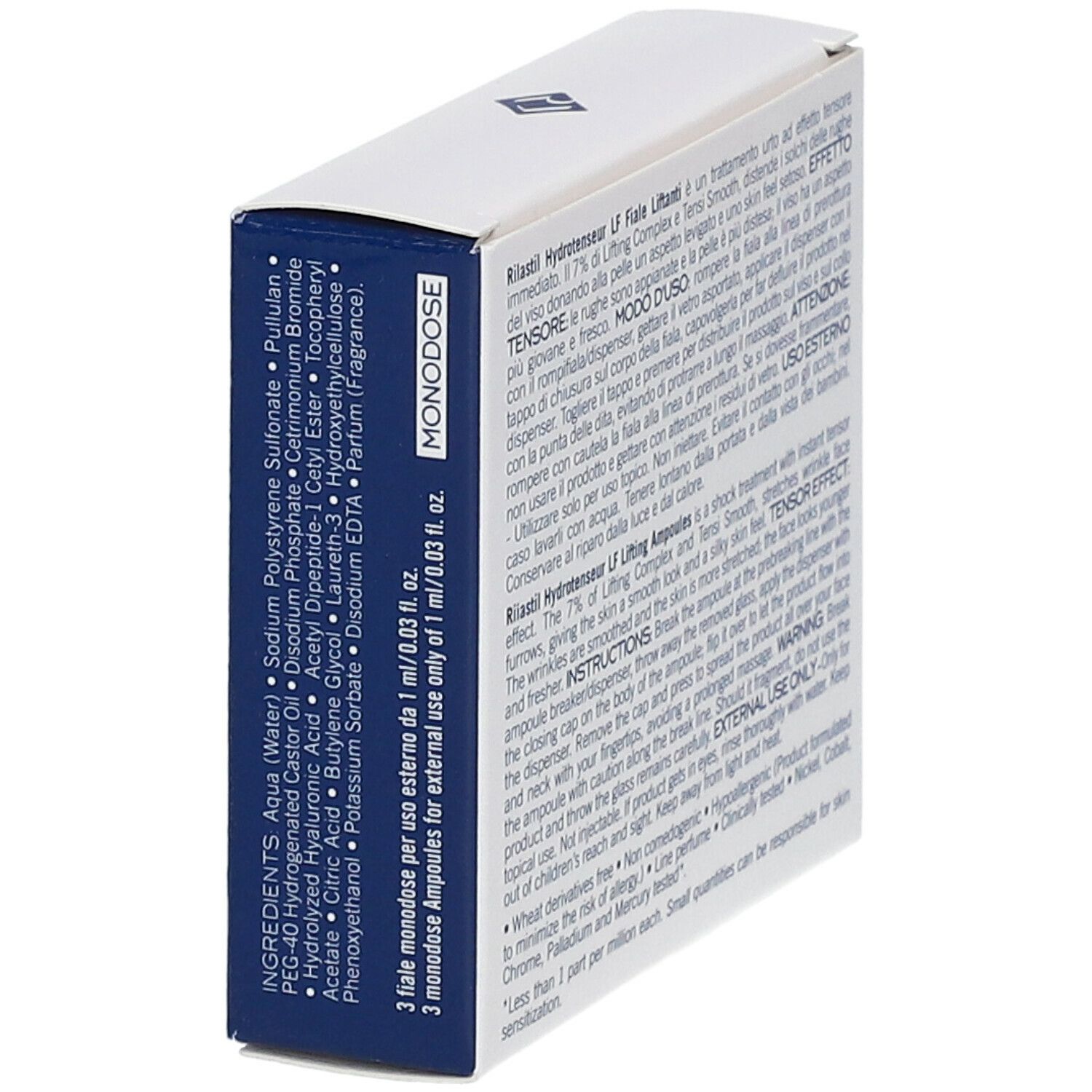 Retro della scatola Rilastil Hydrotenseur LF Fiale Liftanti. Elenco ingredienti e indicazione monodose.