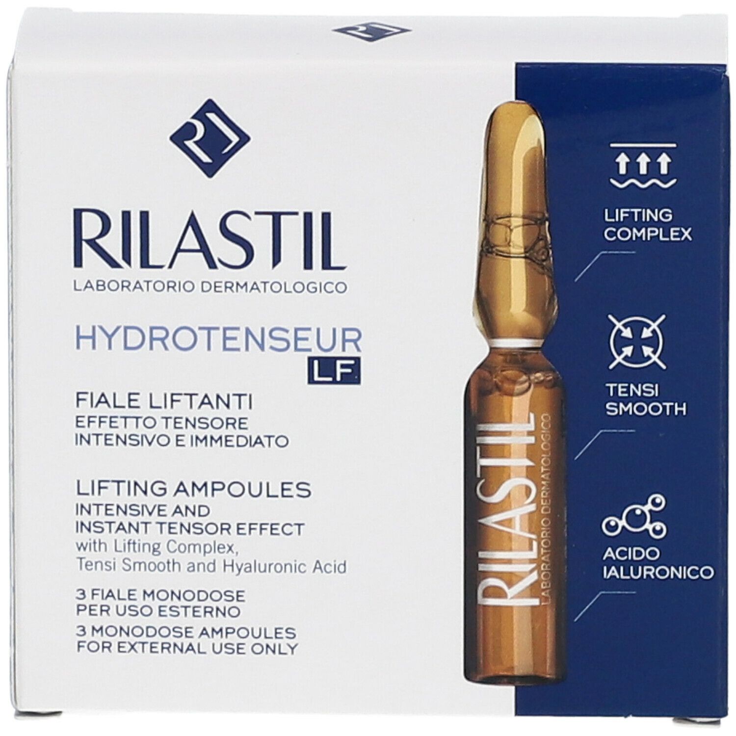 Scatola Rilastil Hydrotenseur LF Fiale Liftanti. Un'ampolla visibile. Scritta: Lifting Ampoules.