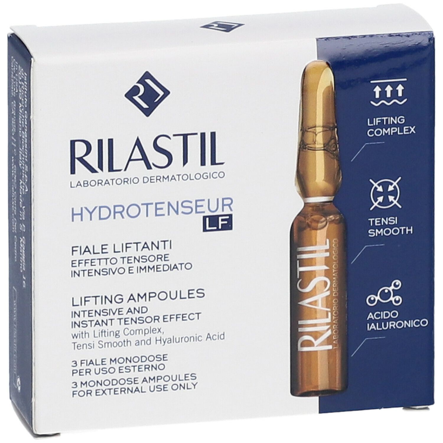 Scatola Rilastil Hydrotenseur LF Fiale Liftanti. Un'ampolla visibile. Scritta: Lifting Ampoules.