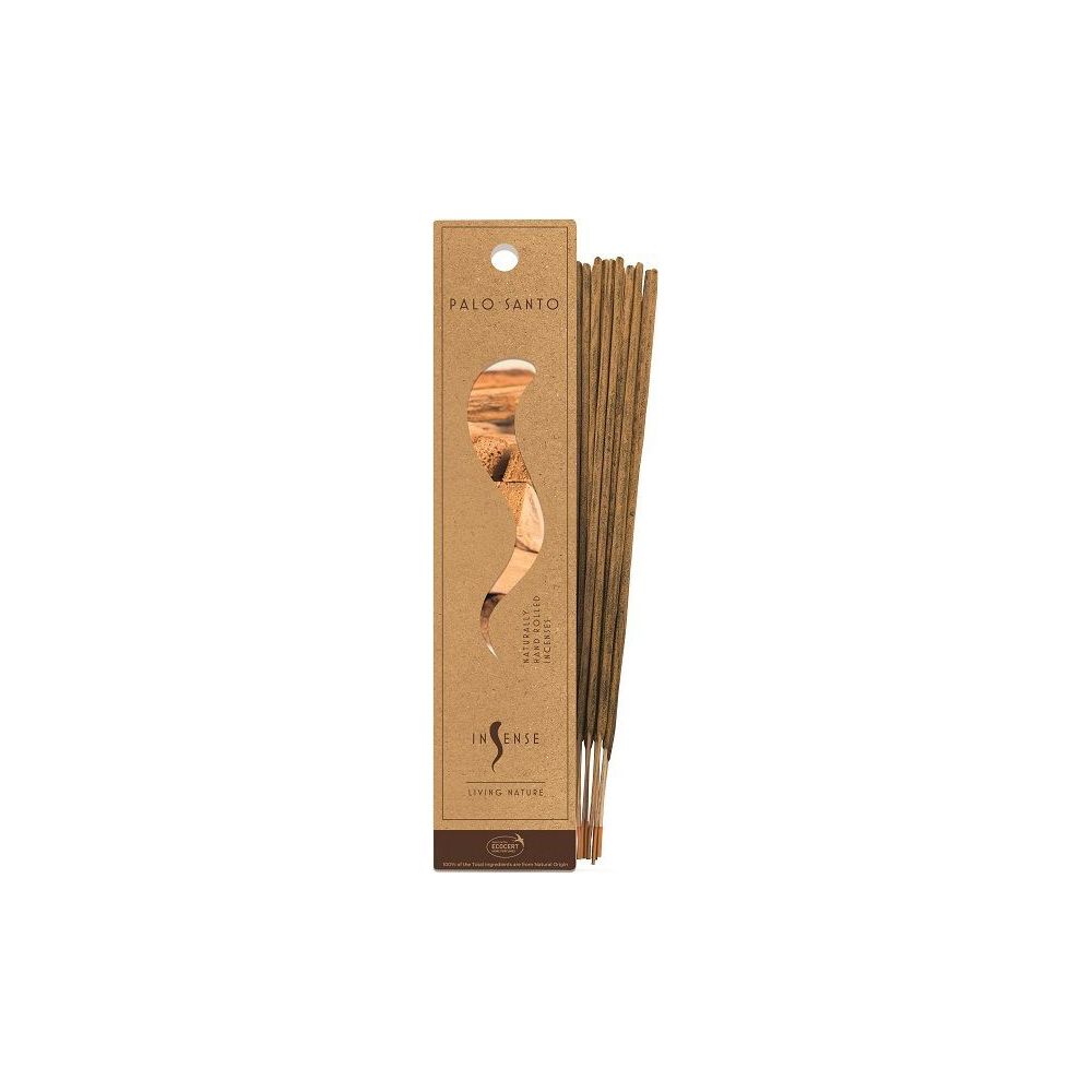 Confezione marrone con bastoncini di Palo Santo. Scritta: Palo Santo, Incense. Alcuni bastoncini sono visibili.